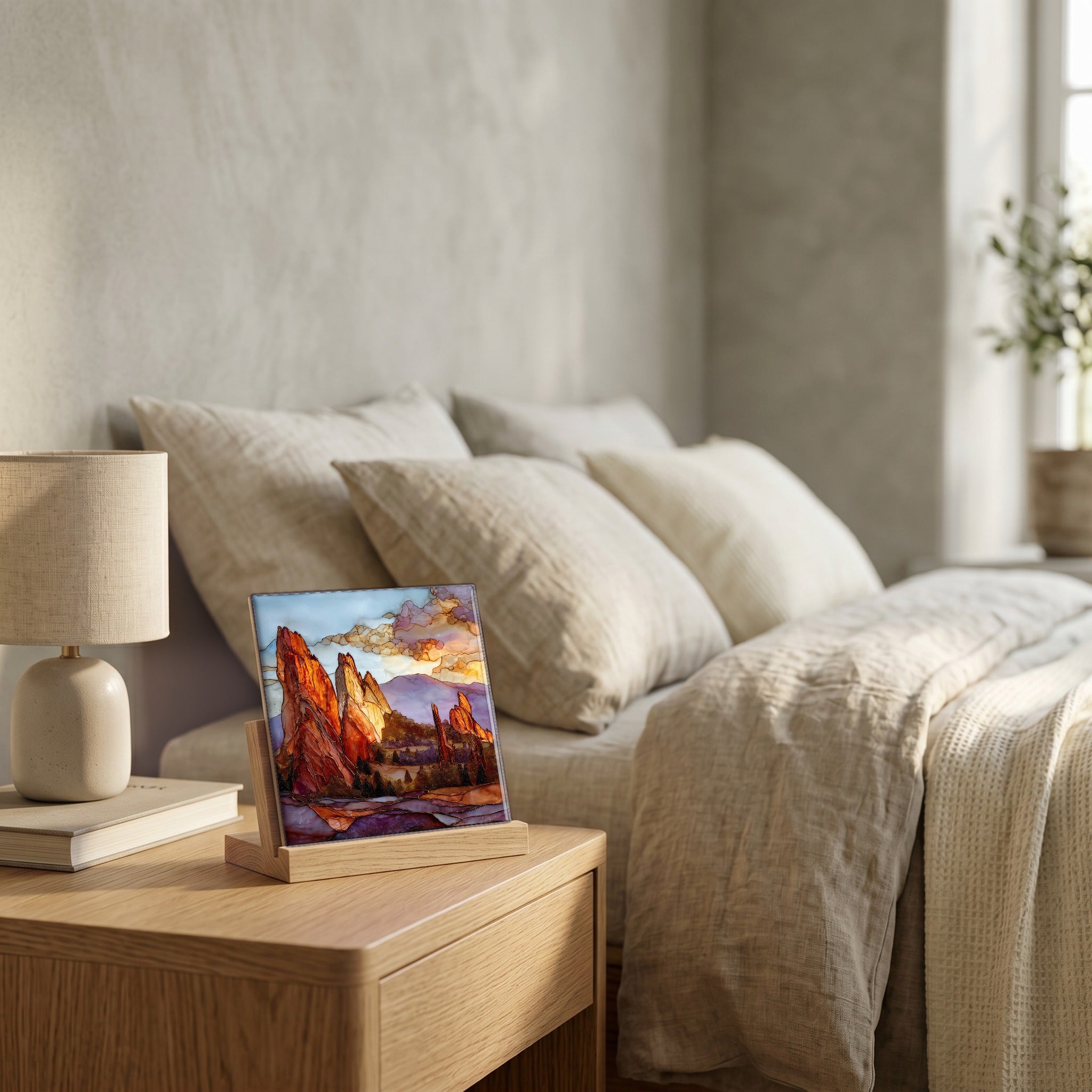 On the nightstand, on a light oak stand.