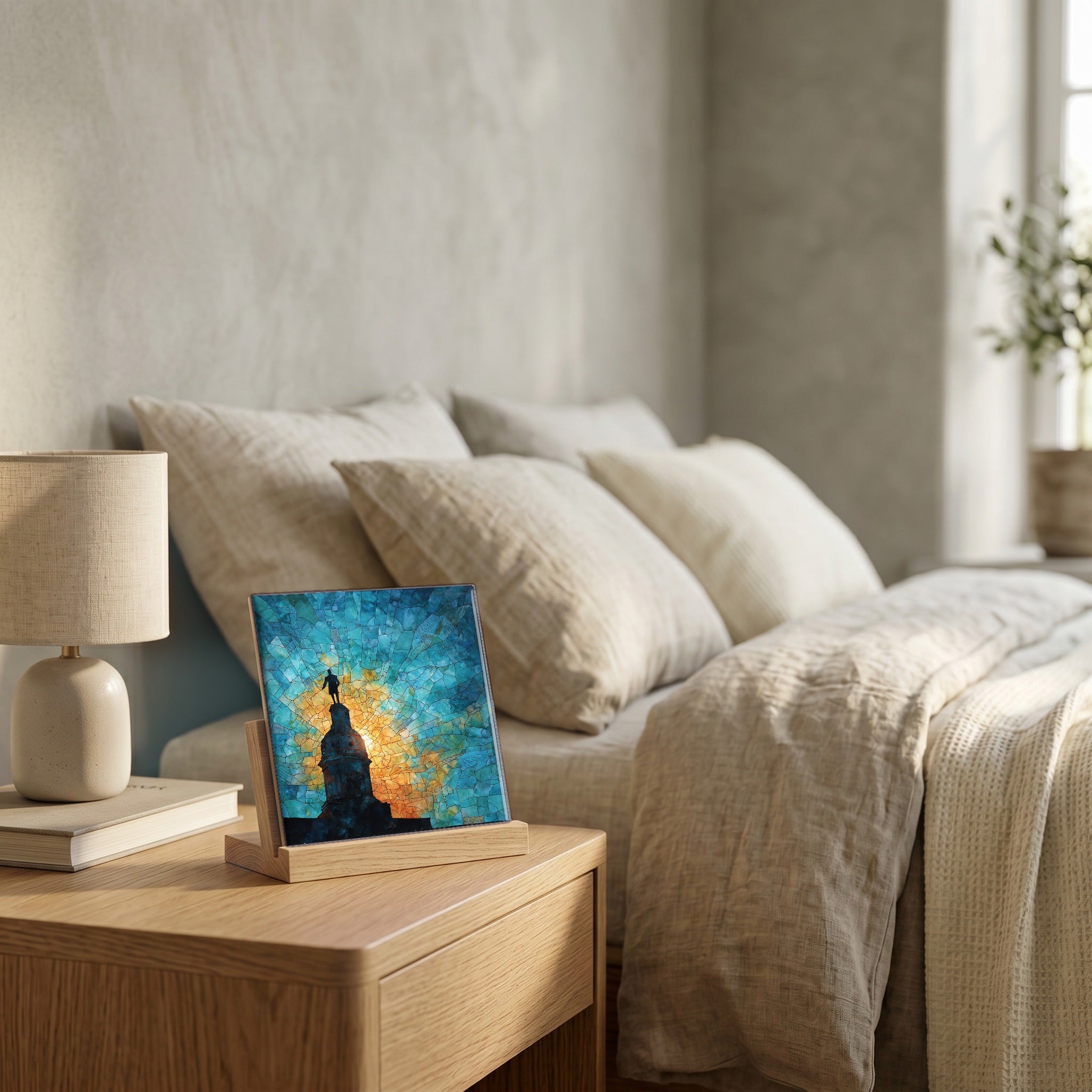 On the nightstand, catching the morning.