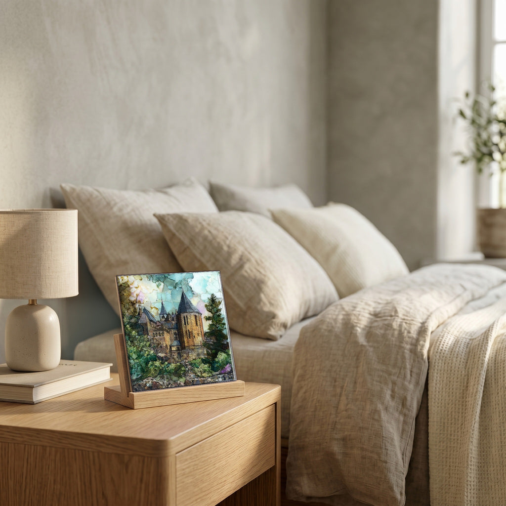 On the nightstand, on a light oak stand.
