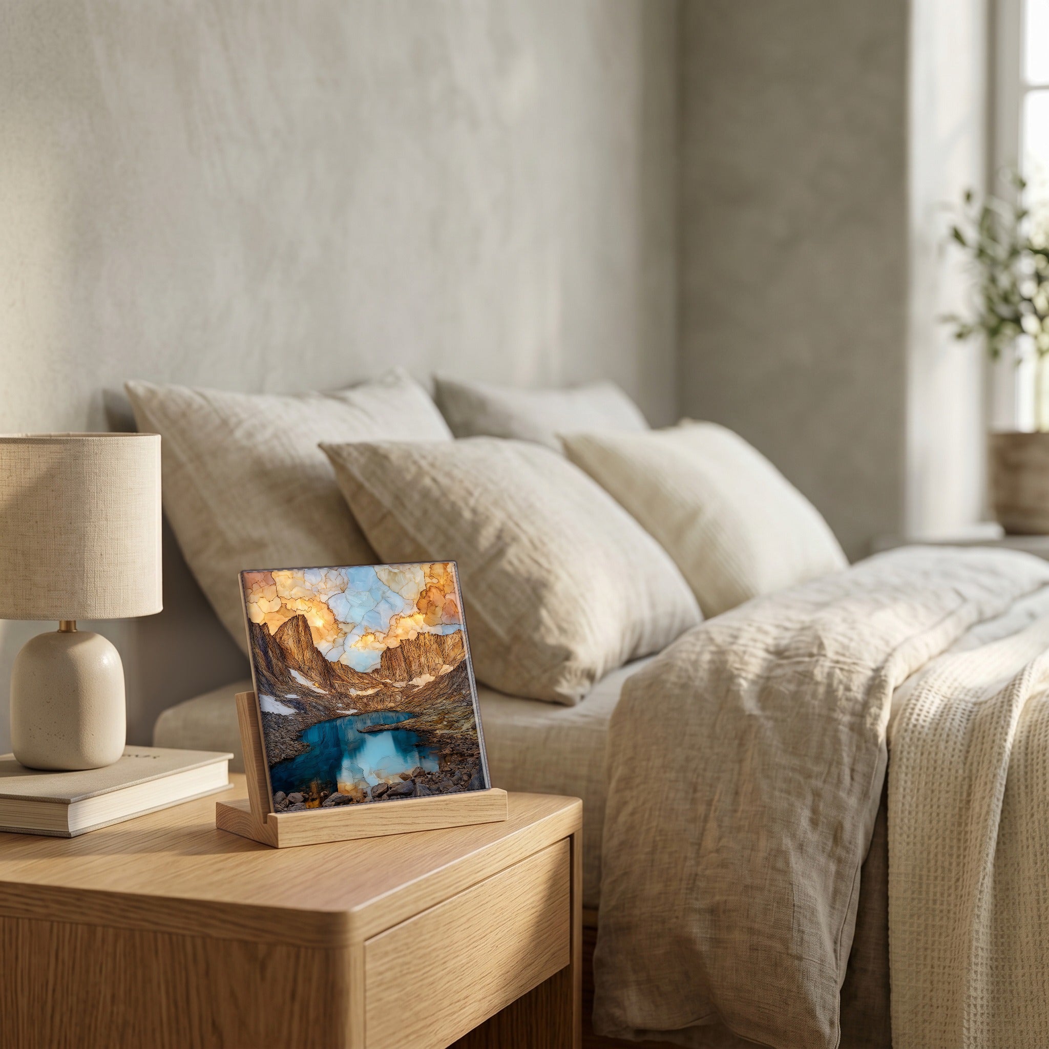 On the nightstand, on a light oak stand.