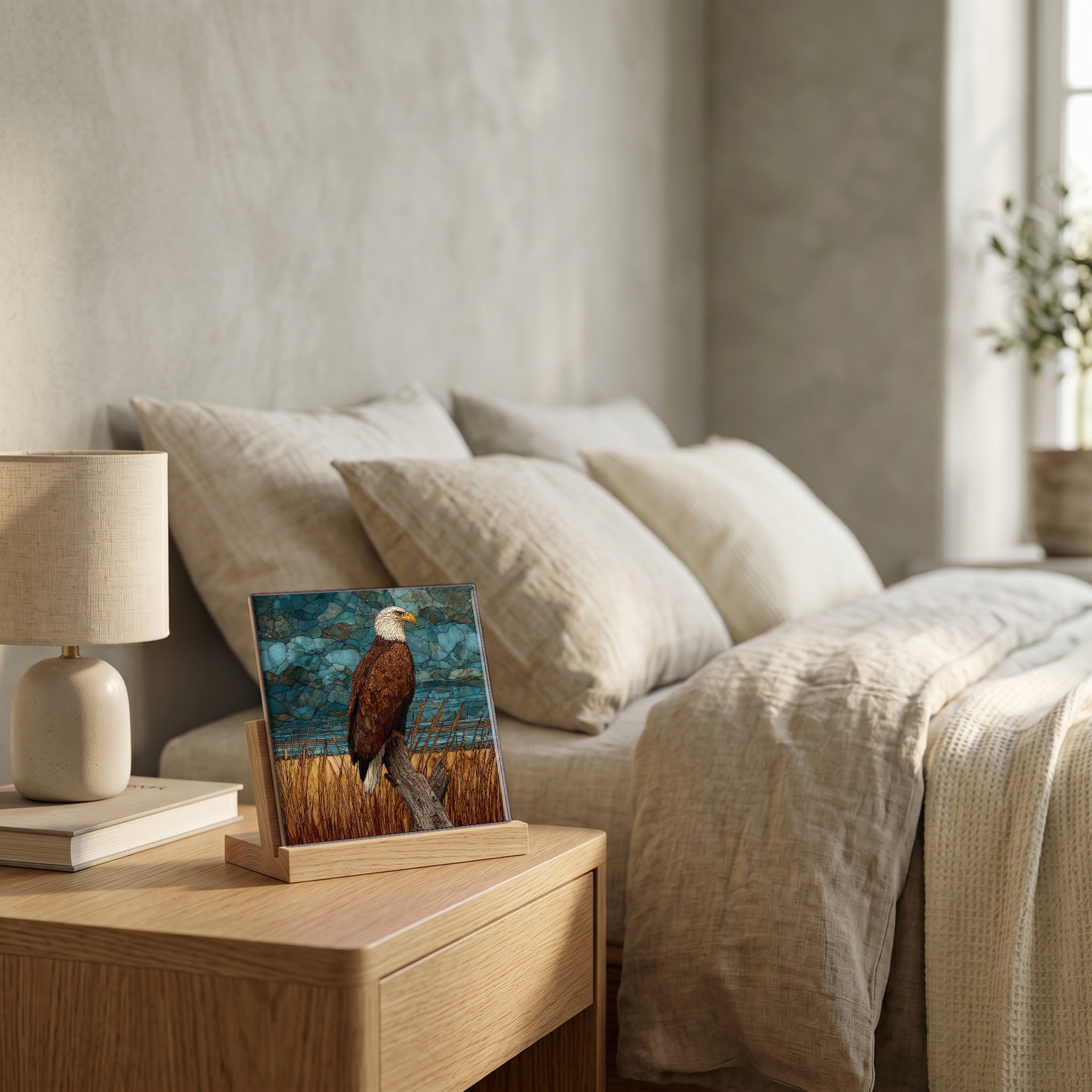 On the nightstand, catching the morning.