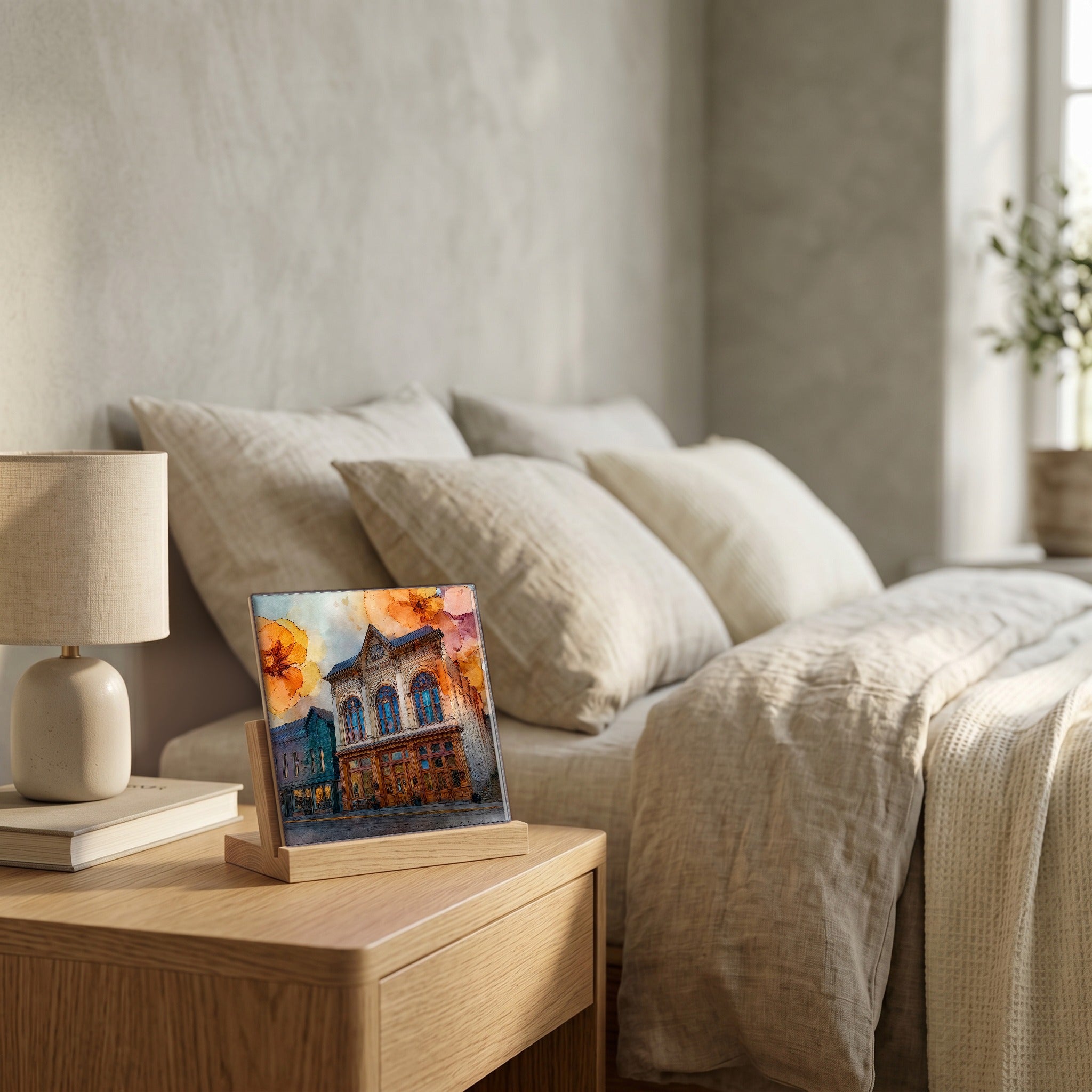 On the nightstand, on a light oak stand.