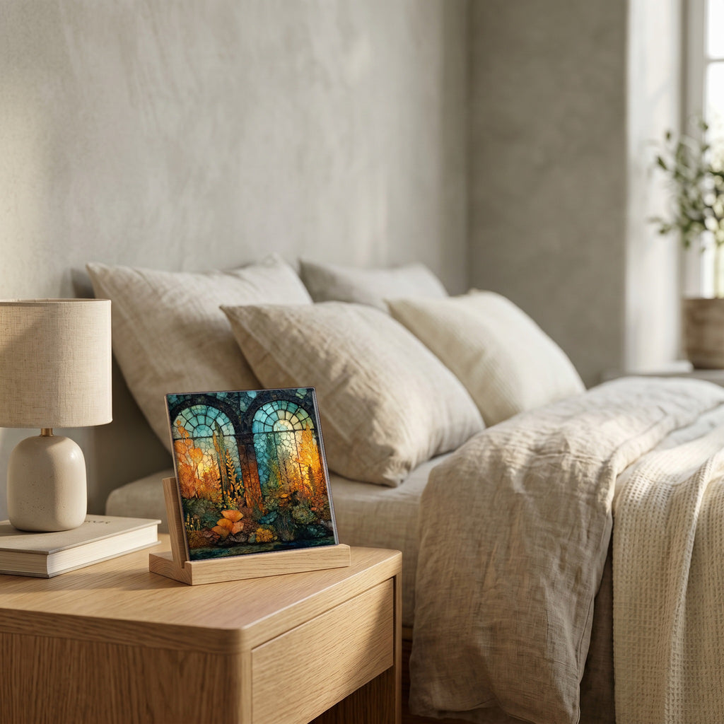 On the nightstand, catching the morning.