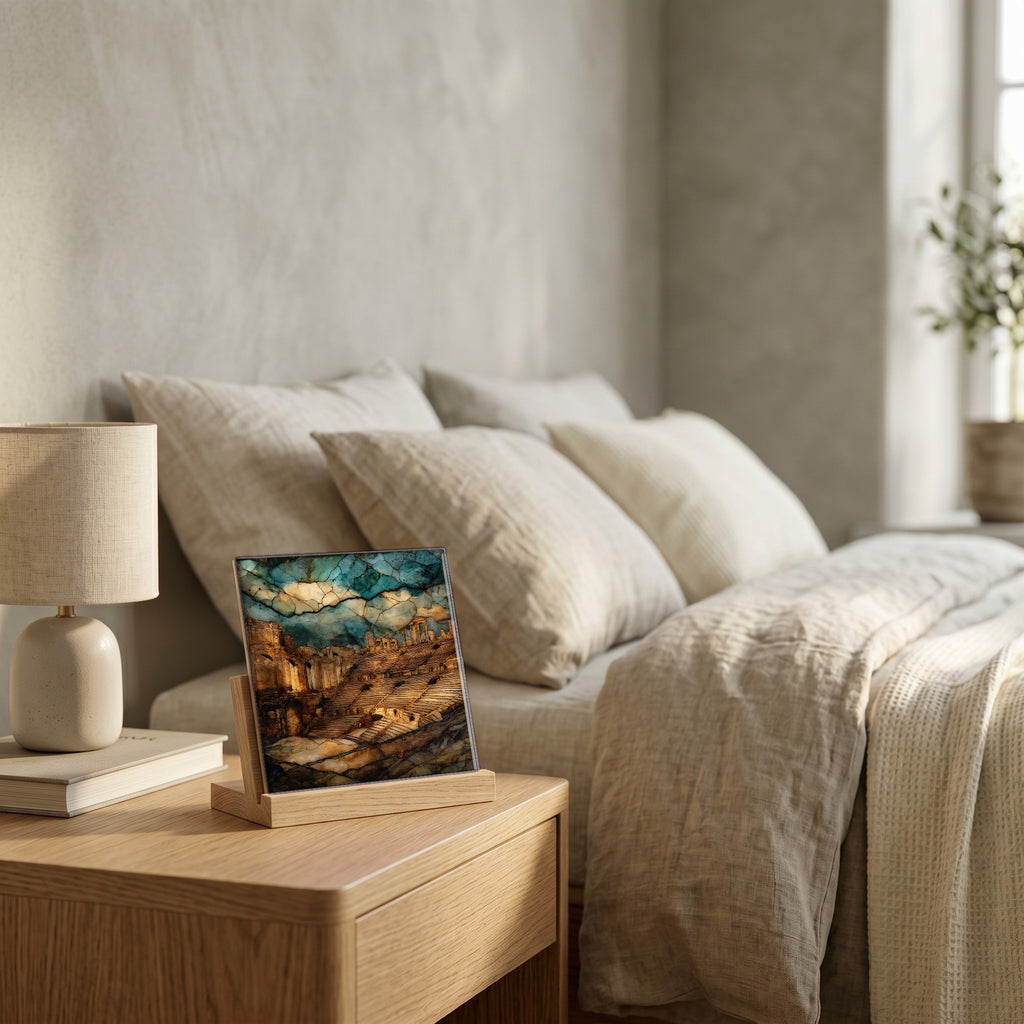 On the nightstand, catching the morning.