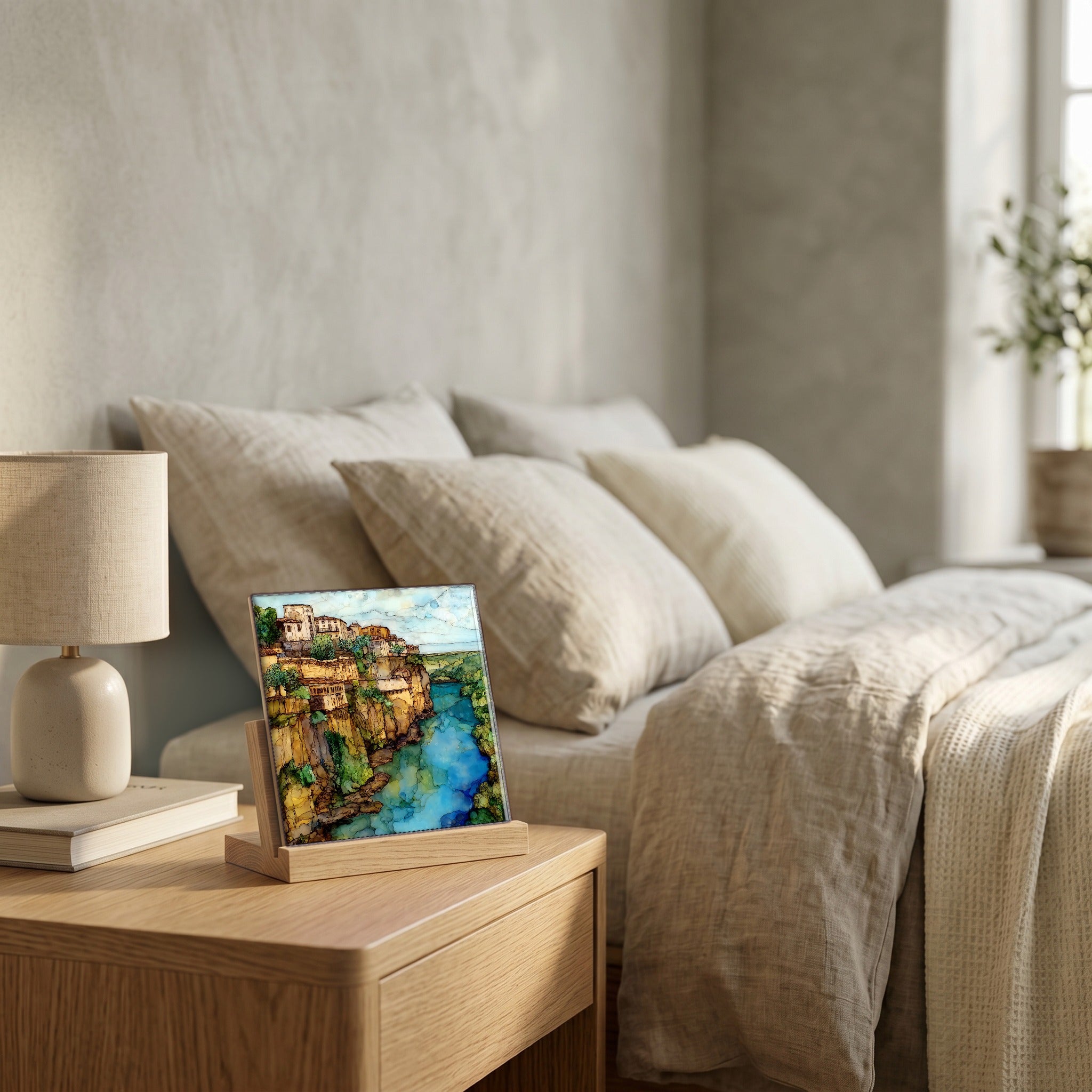 On the nightstand, catching the morning.