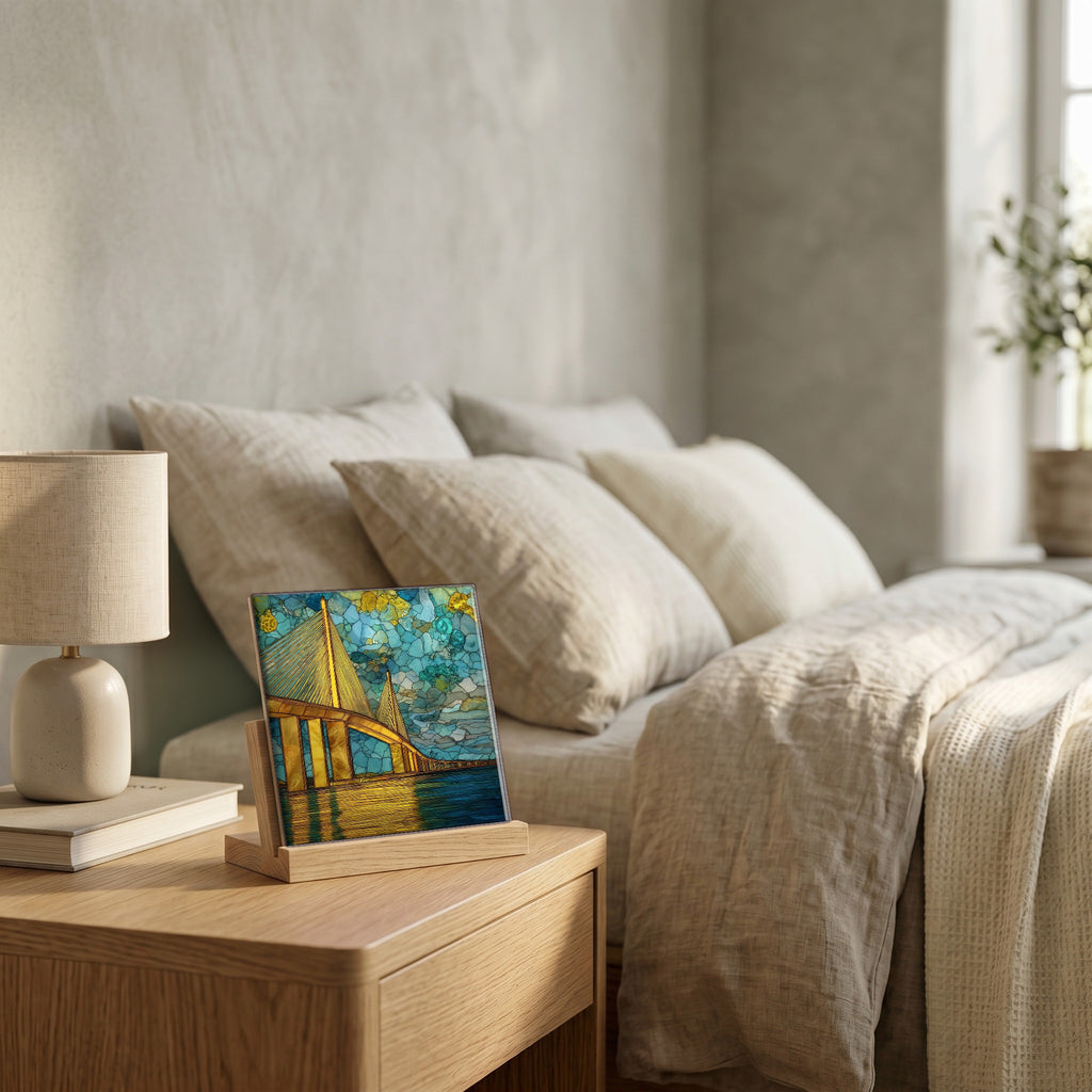 On the nightstand, catching the morning.