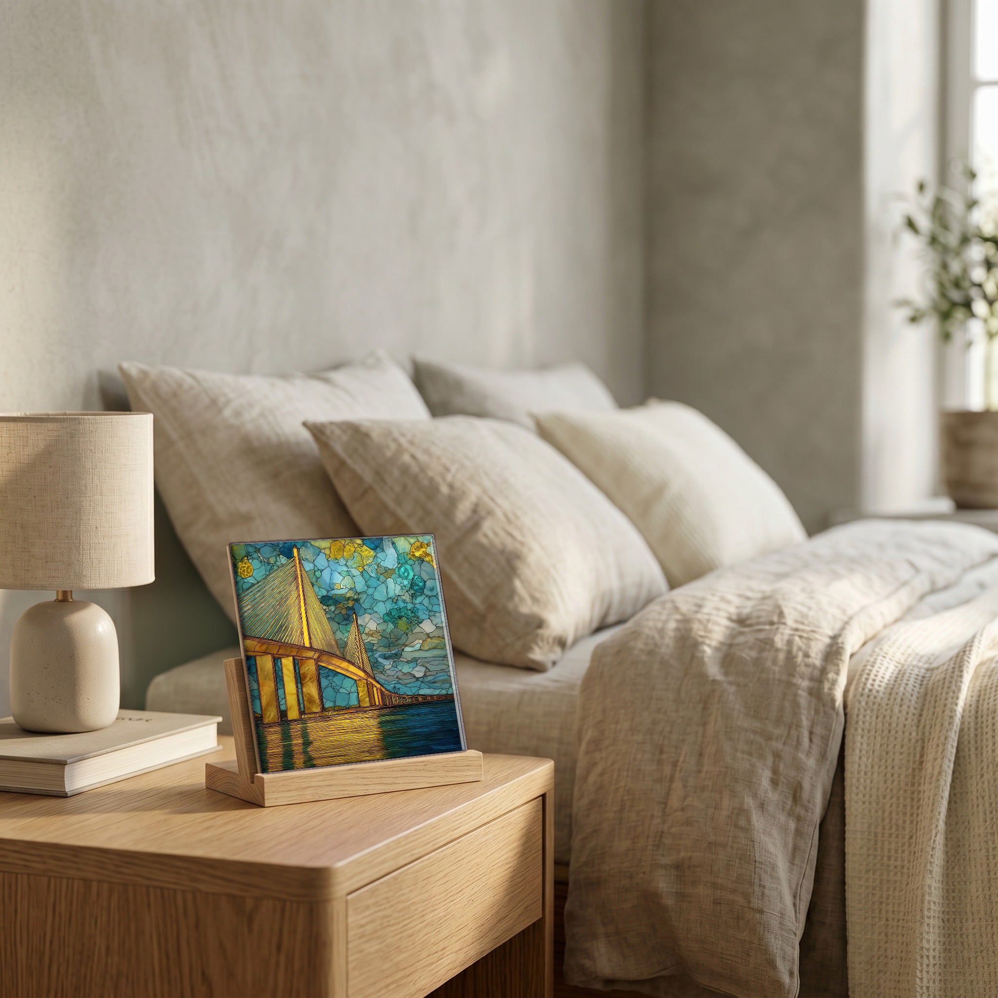 On the nightstand, catching the morning.