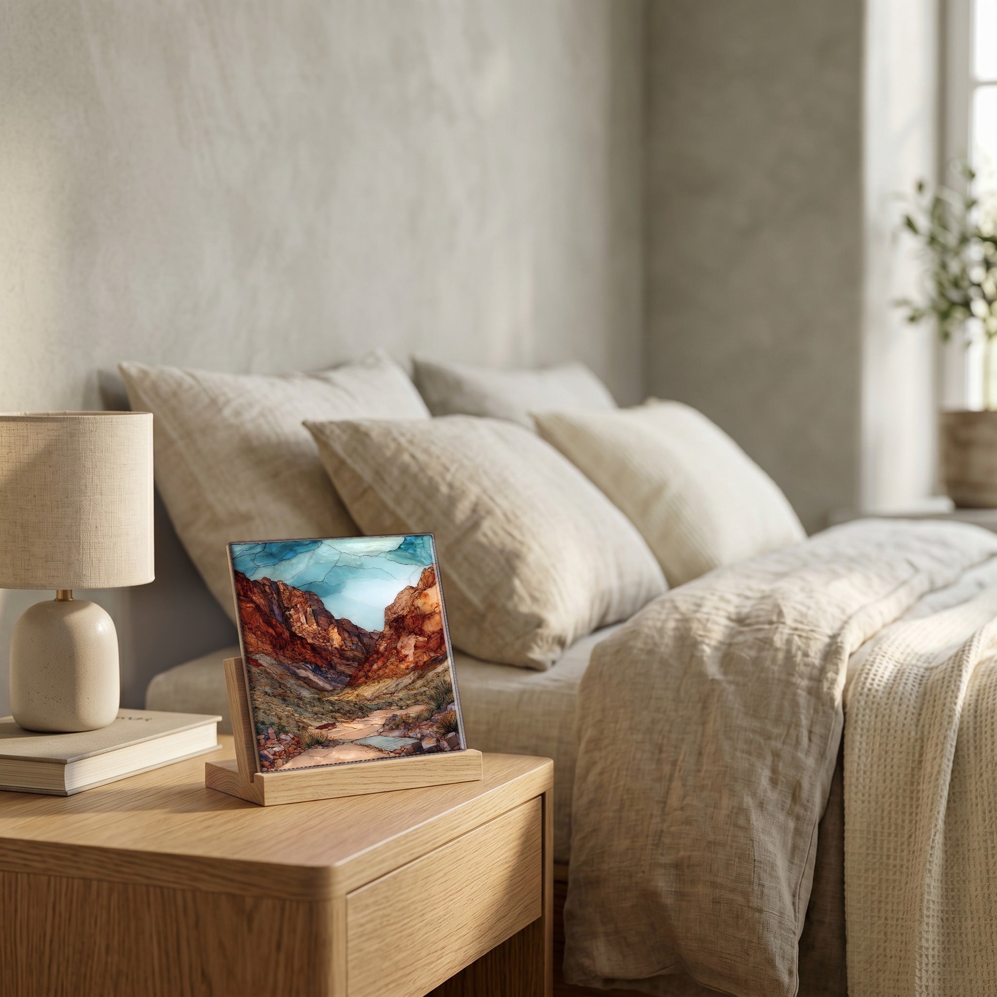 On the nightstand, catching the morning.