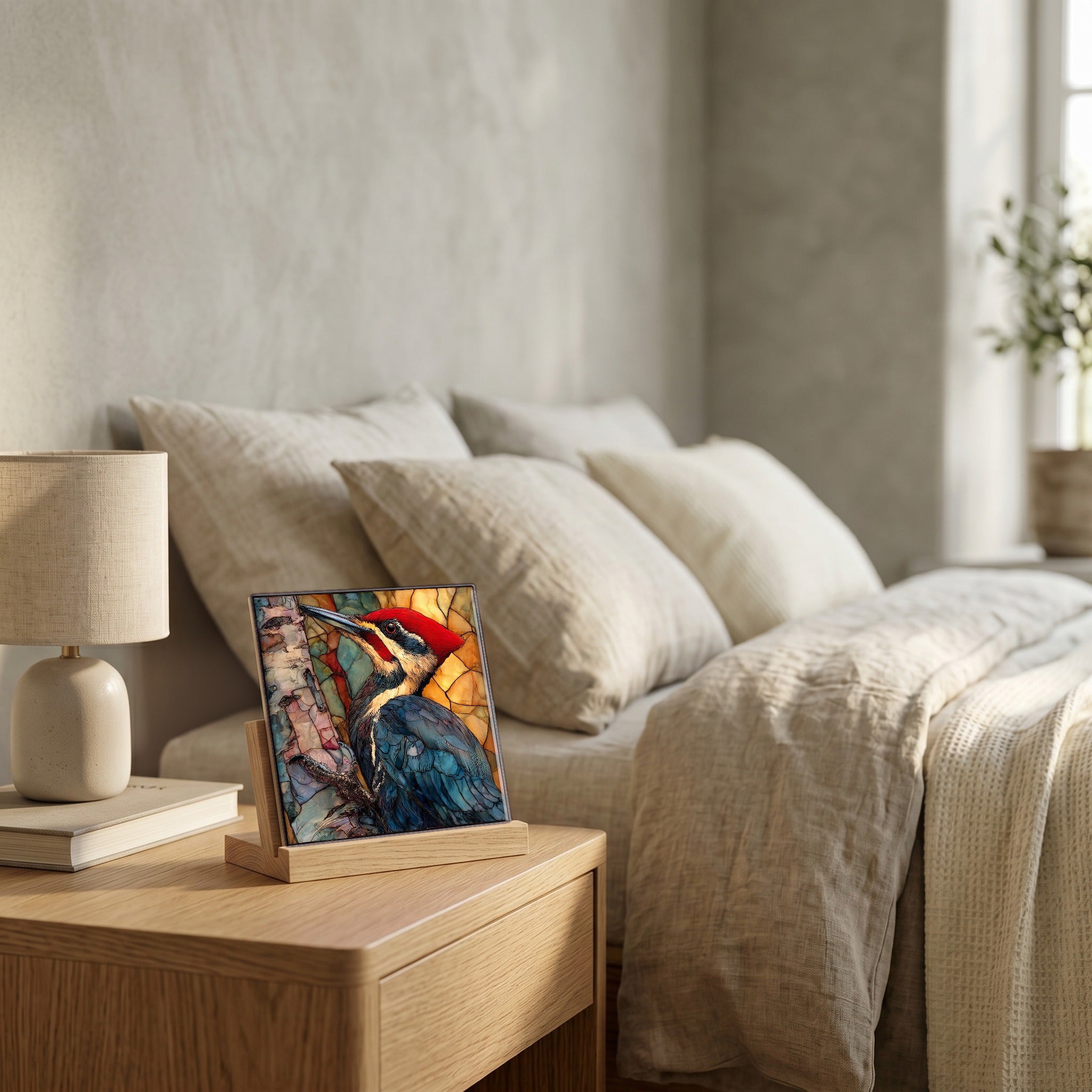 On the nightstand, catching the morning.