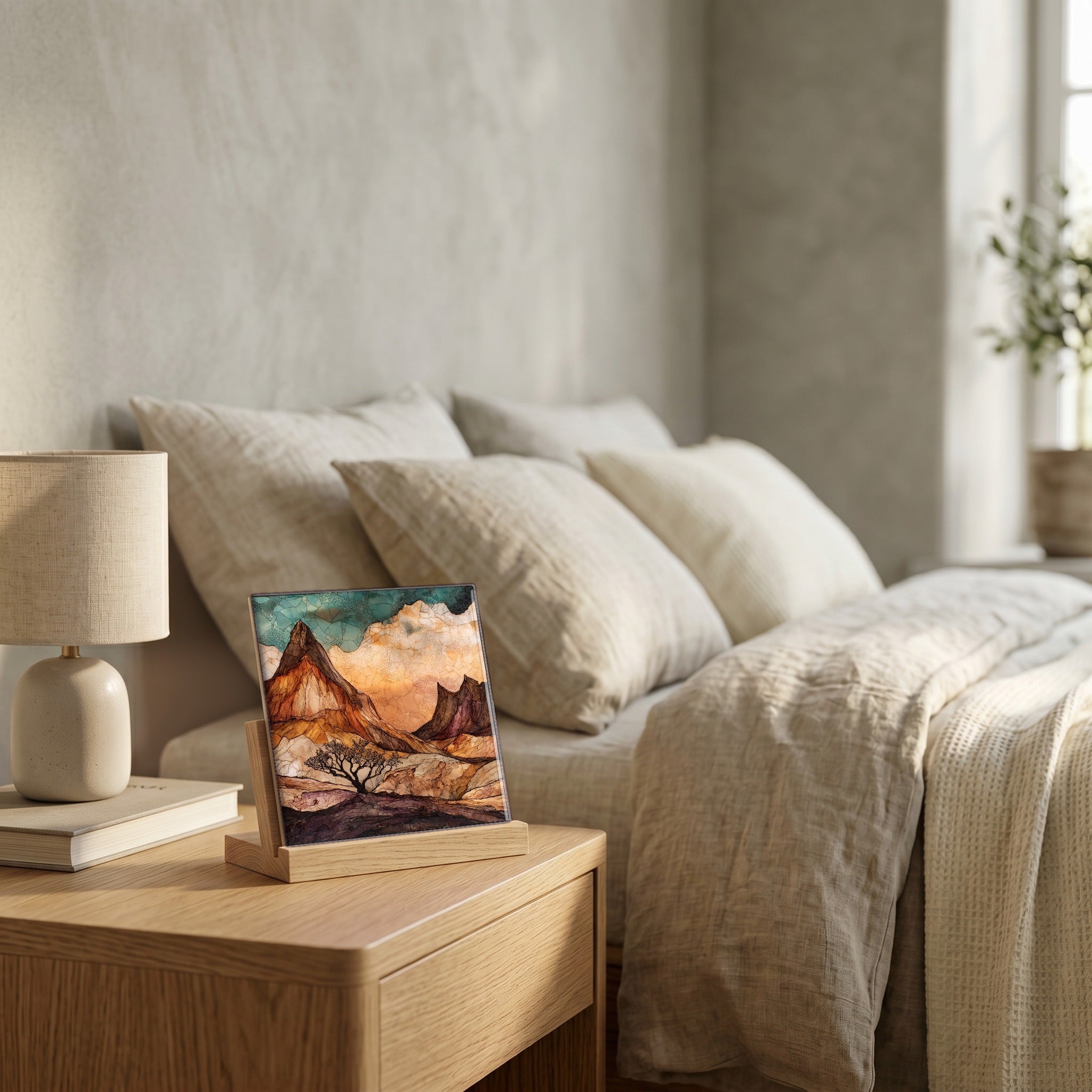 On the nightstand, catching the morning.