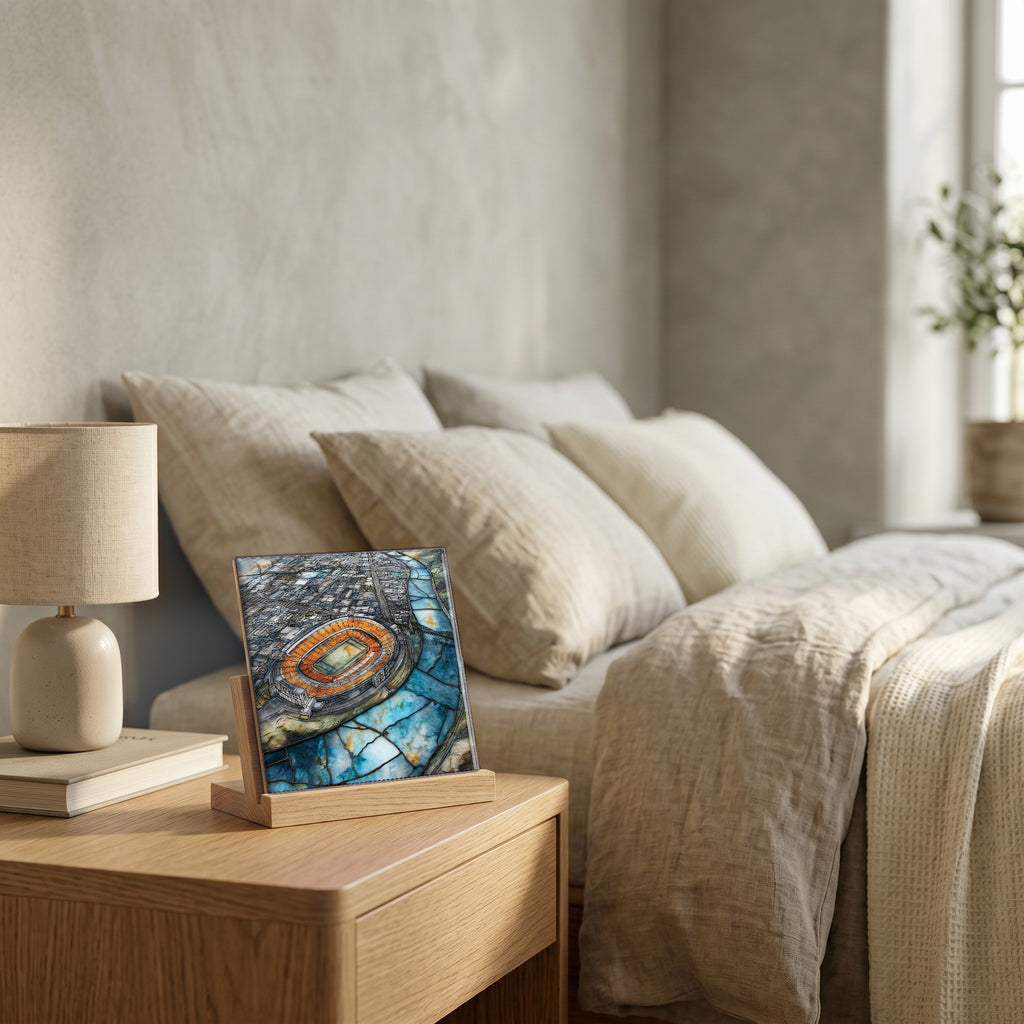 On the nightstand, catching the morning.