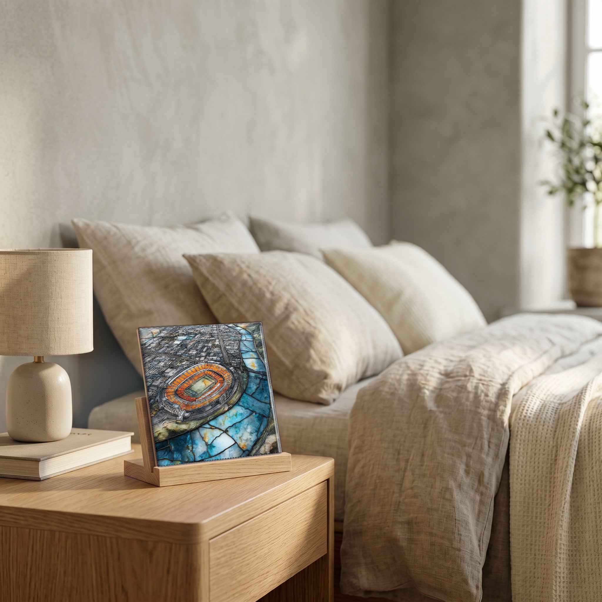 On the nightstand, catching the morning.