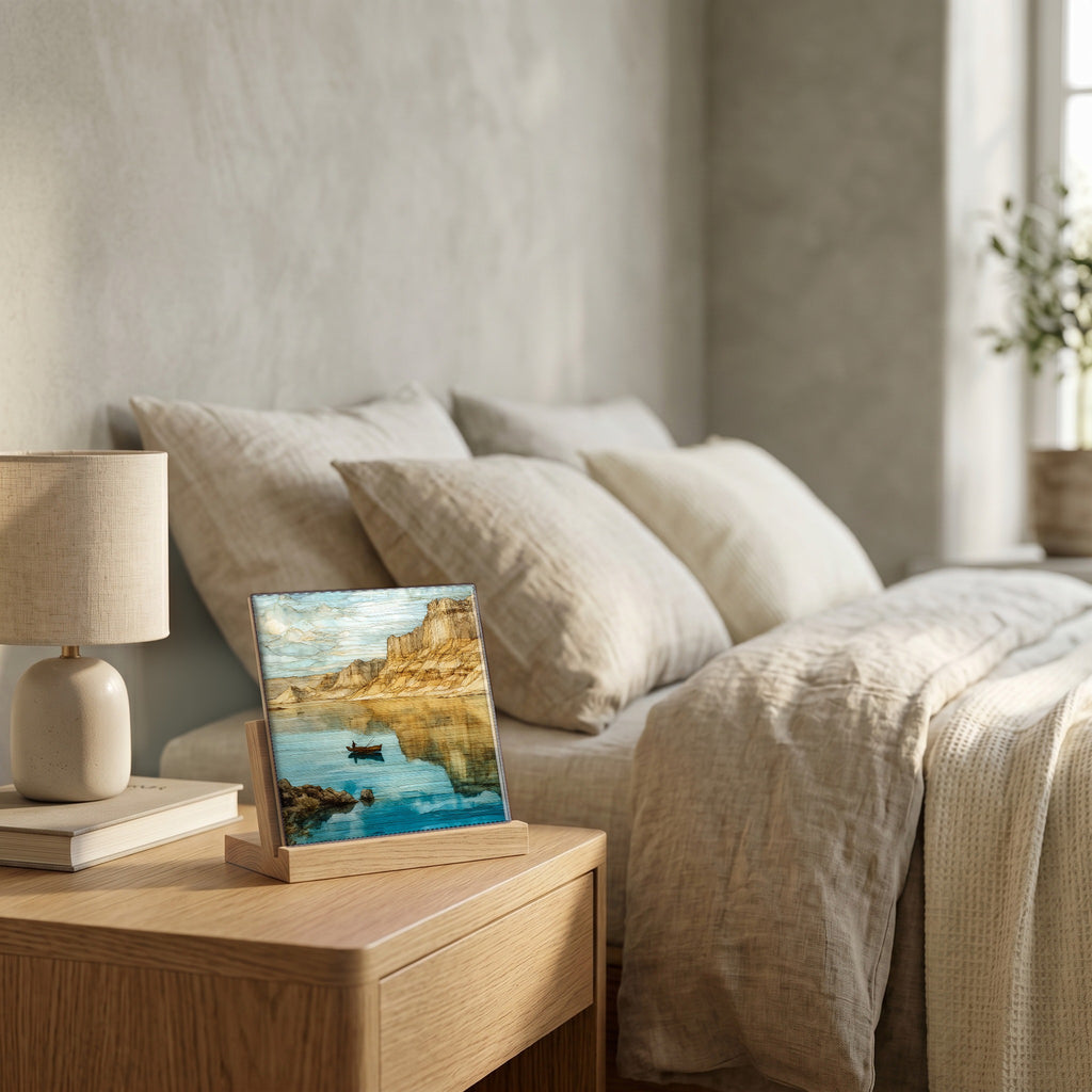 On the nightstand, catching the morning.