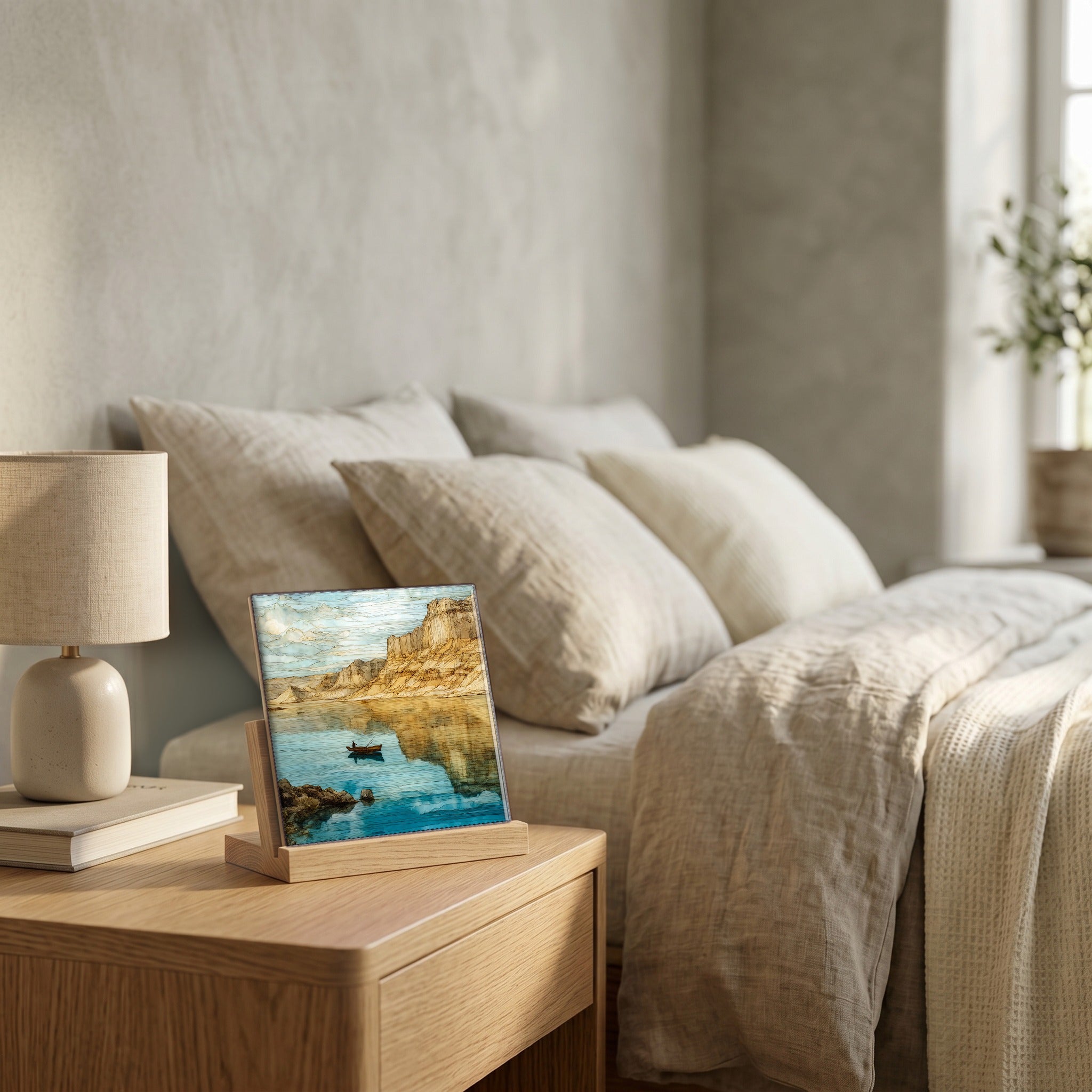 On the nightstand, catching the morning.