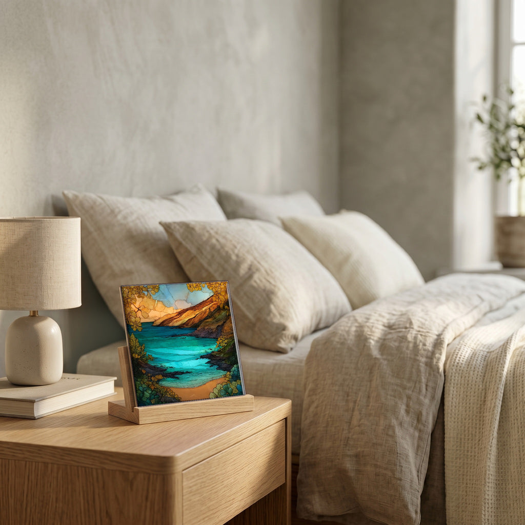 On the nightstand, on a light oak stand.