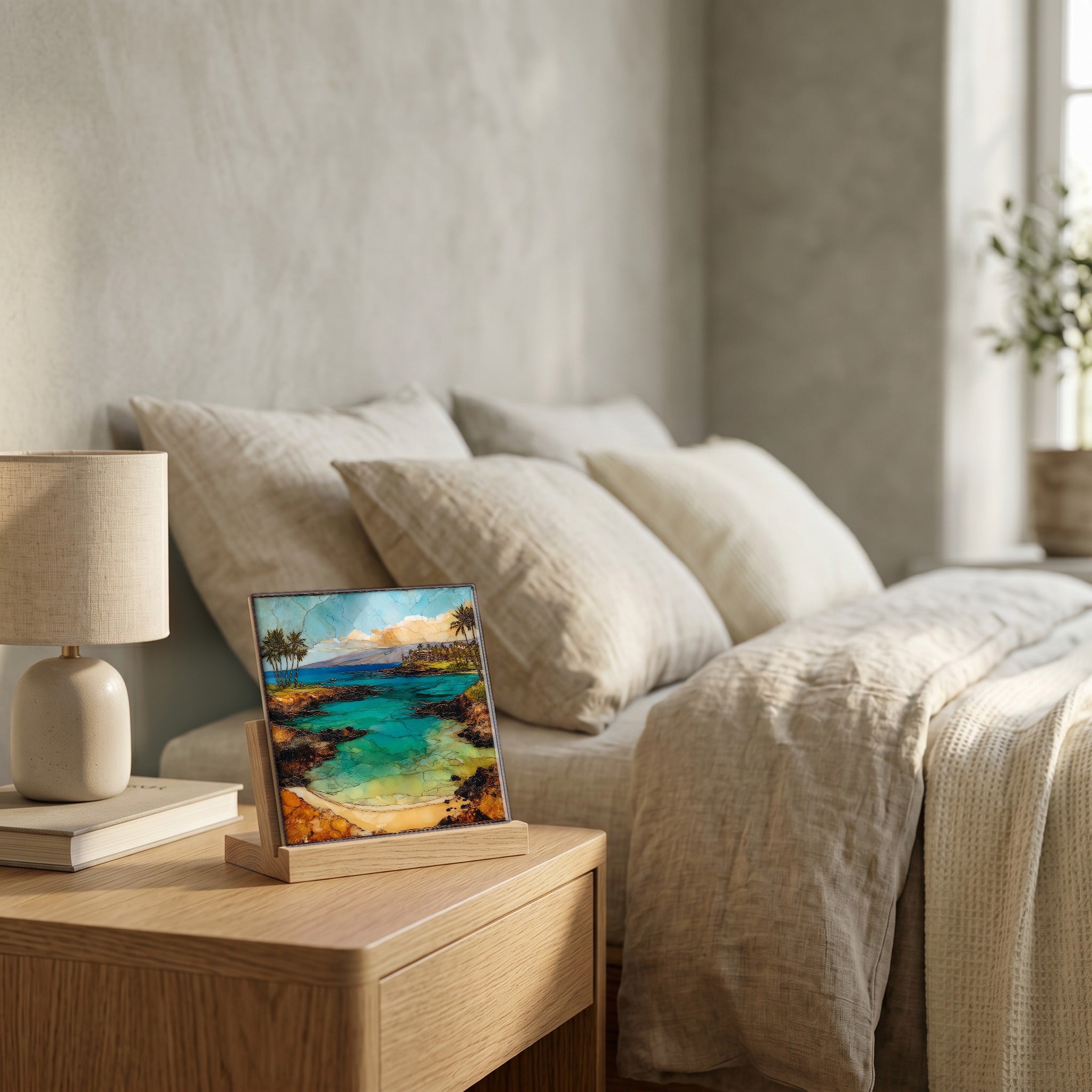 On the nightstand, on a light oak stand.