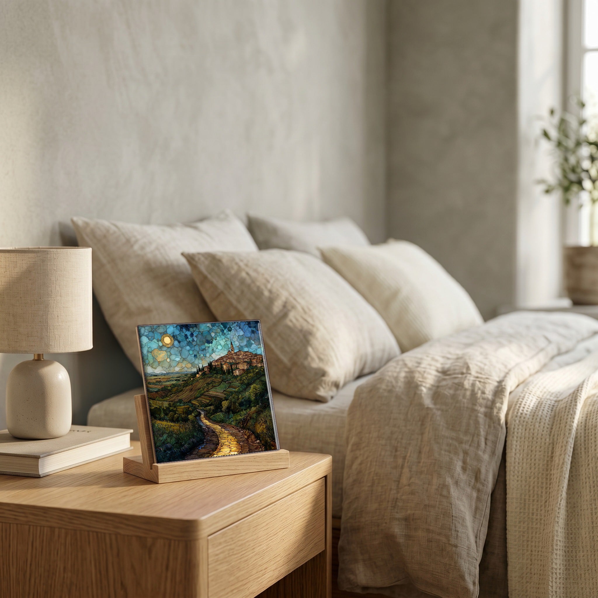 On the nightstand, on a light oak stand.