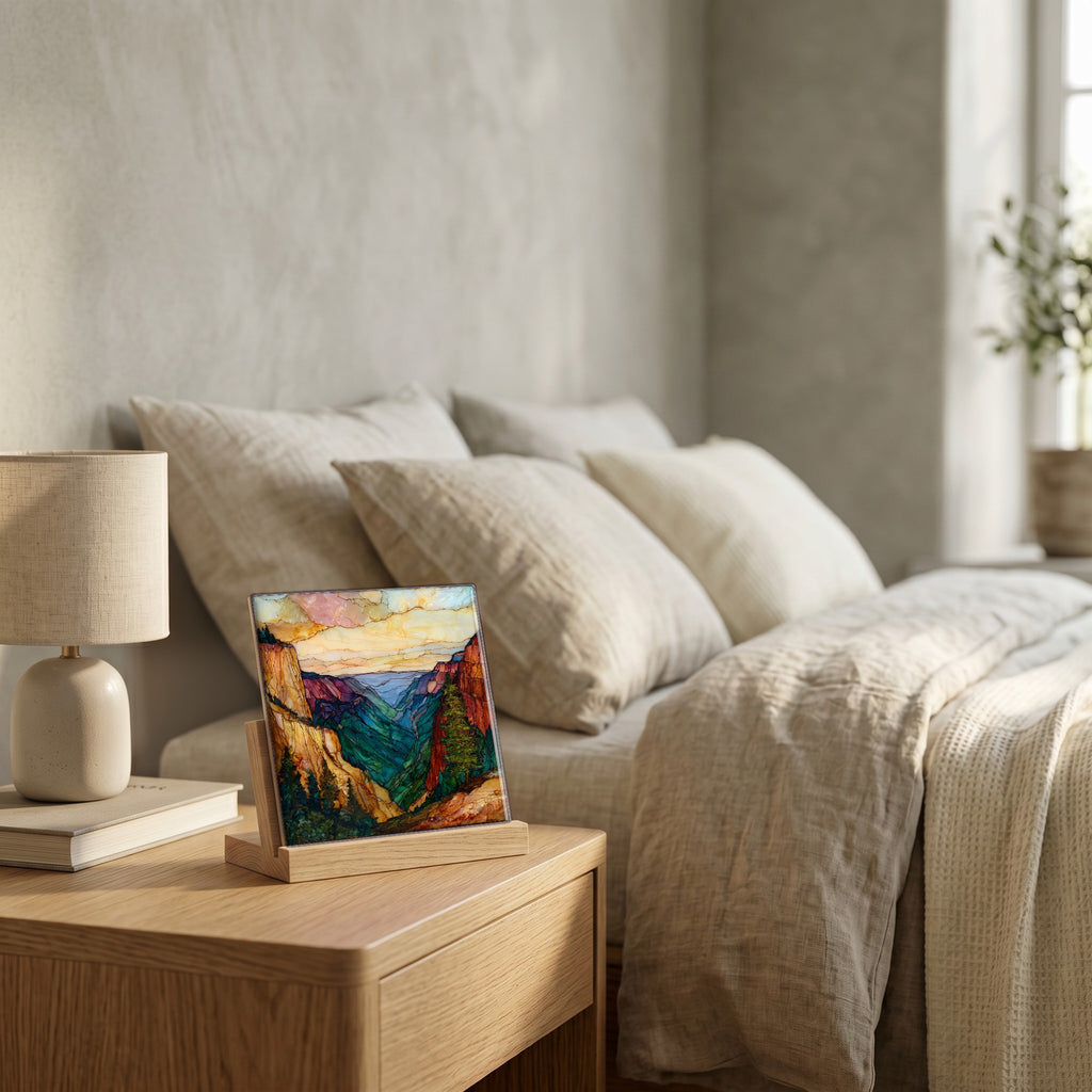 On the nightstand, catching the morning.