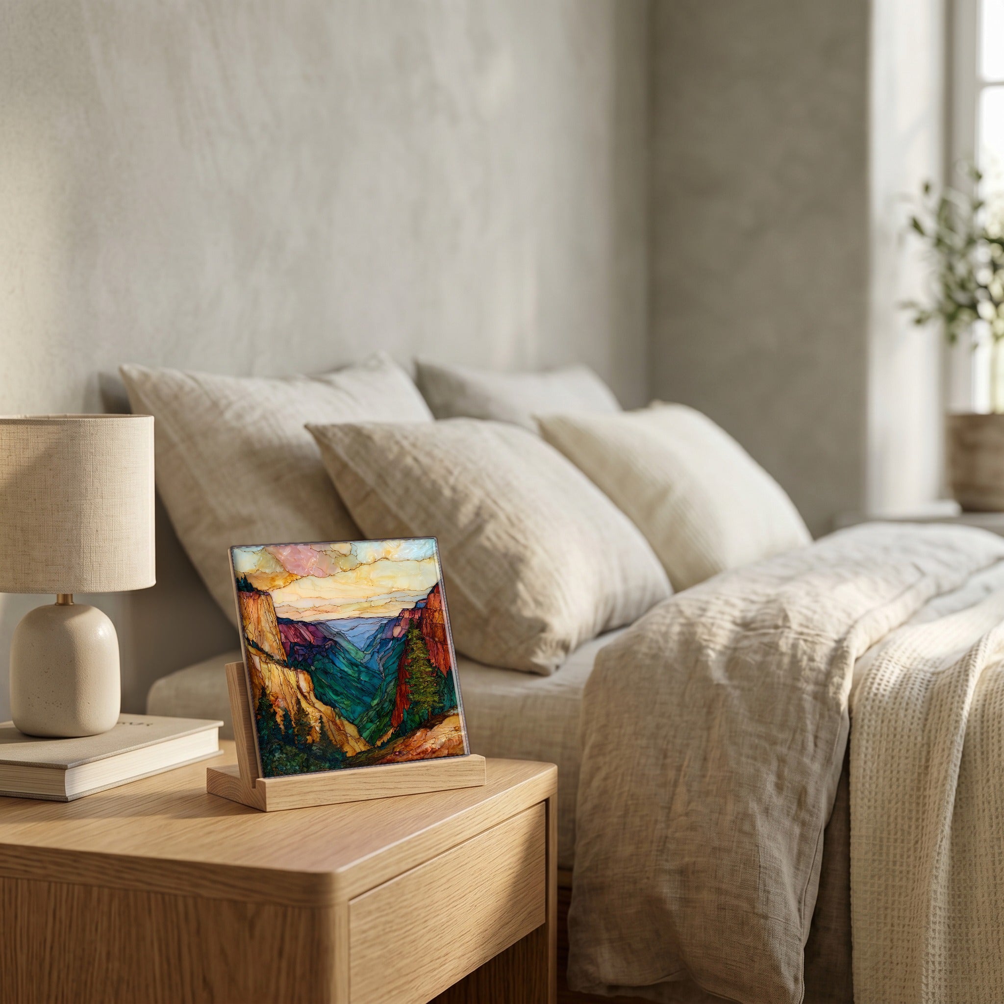On the nightstand, catching the morning.