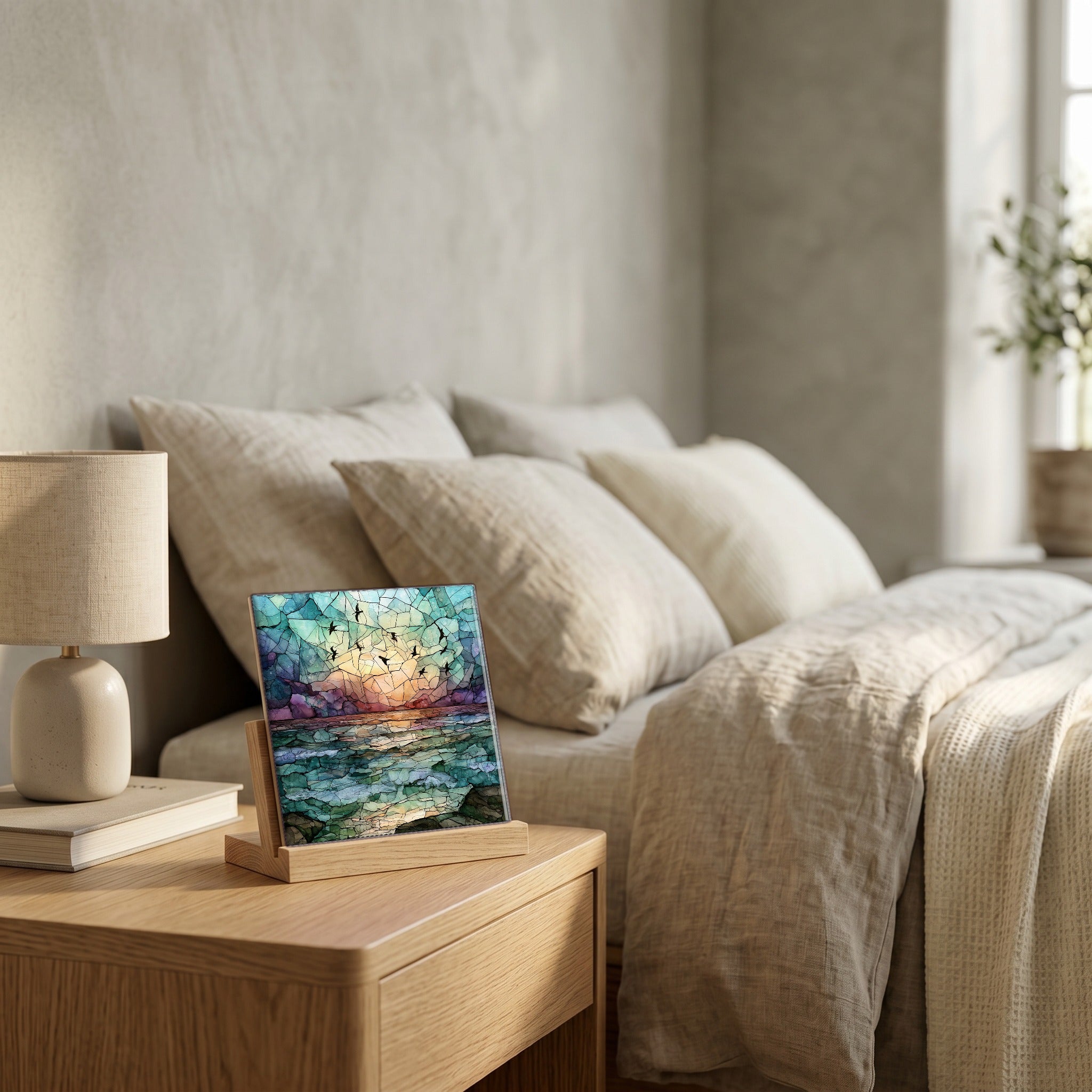 On the nightstand, catching the morning.