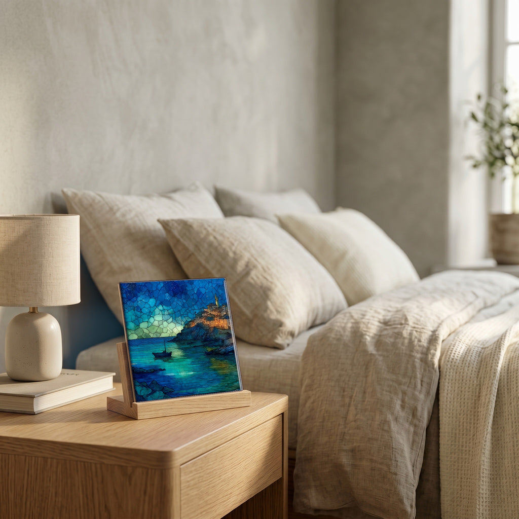 On the nightstand, catching the morning.