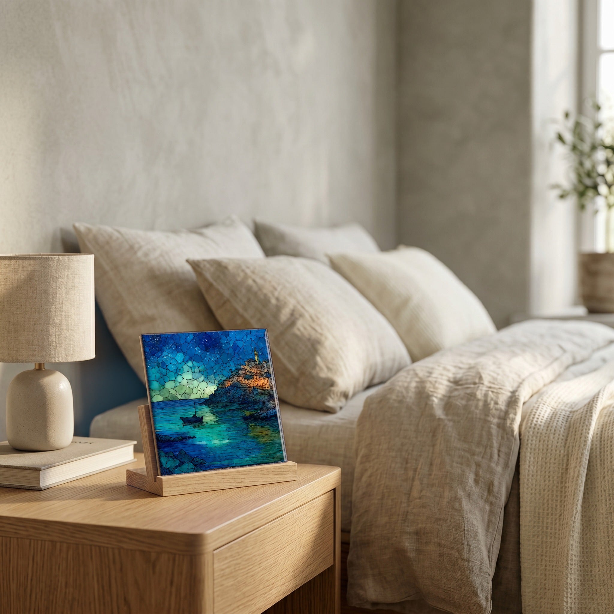 On the nightstand, catching the morning.