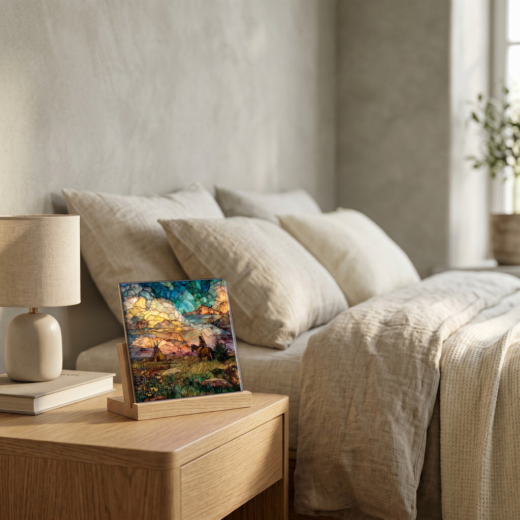 On the nightstand, catching the morning.