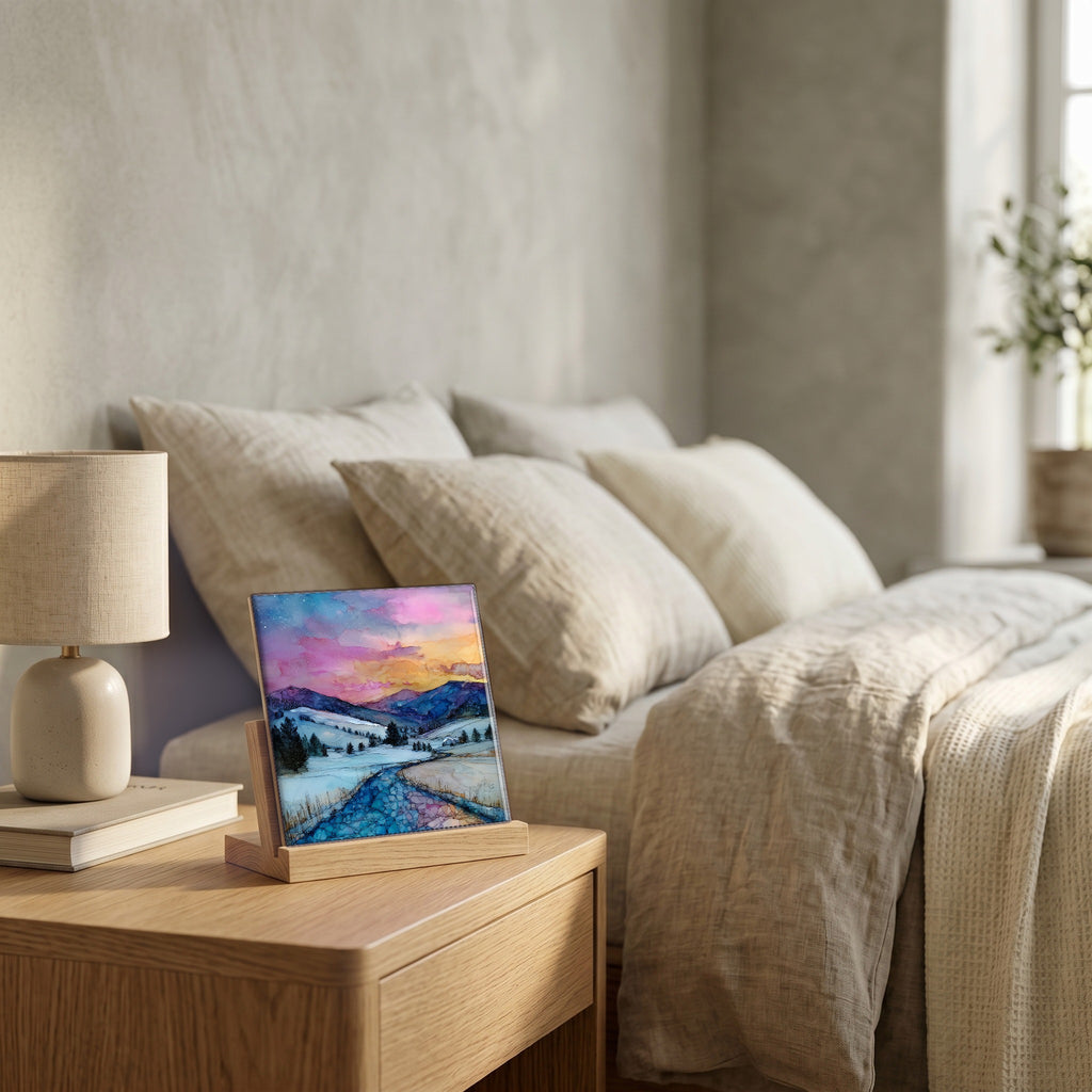 On the nightstand, on a light oak stand.