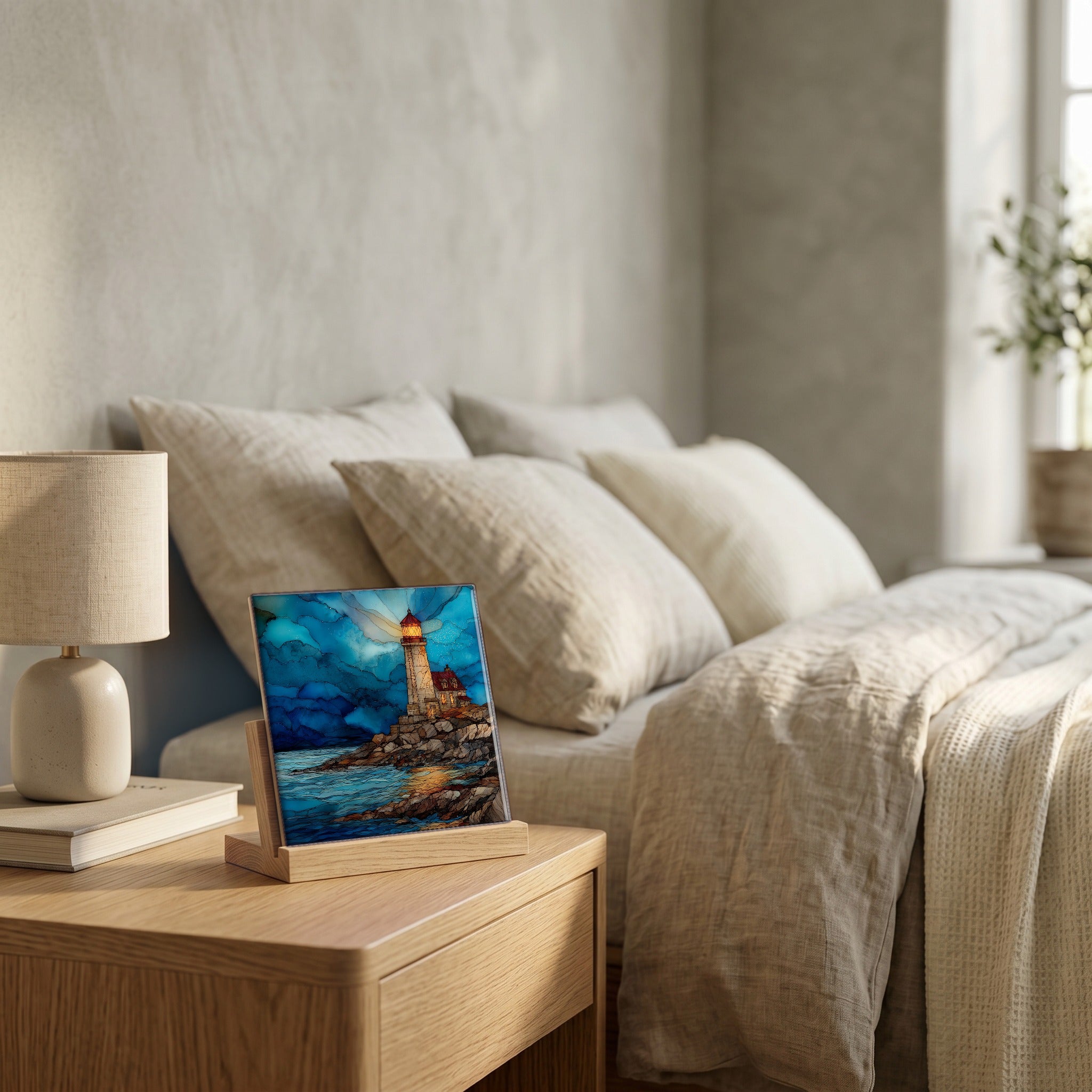 On the nightstand, catching the morning.