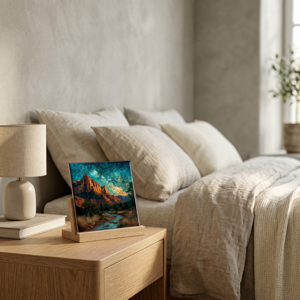 On the nightstand, catching the morning.