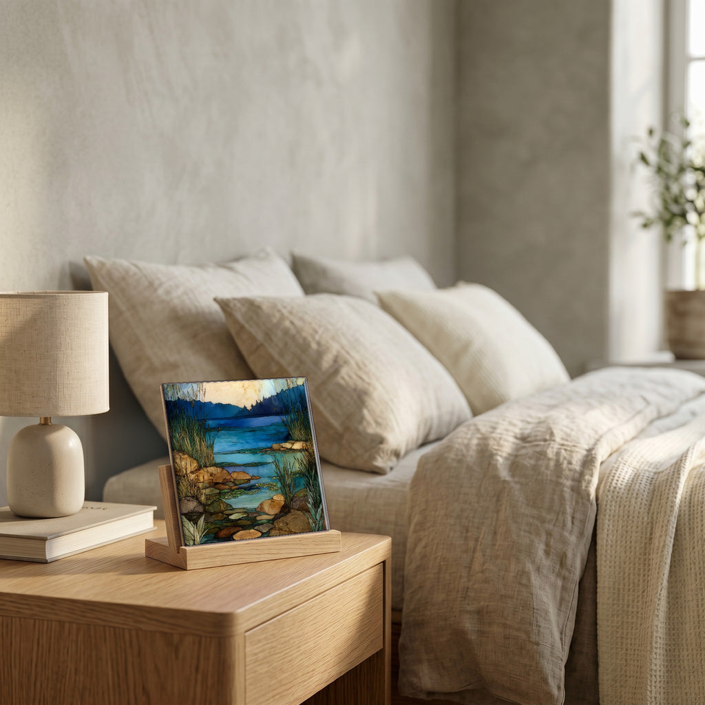On the nightstand, catching the morning.