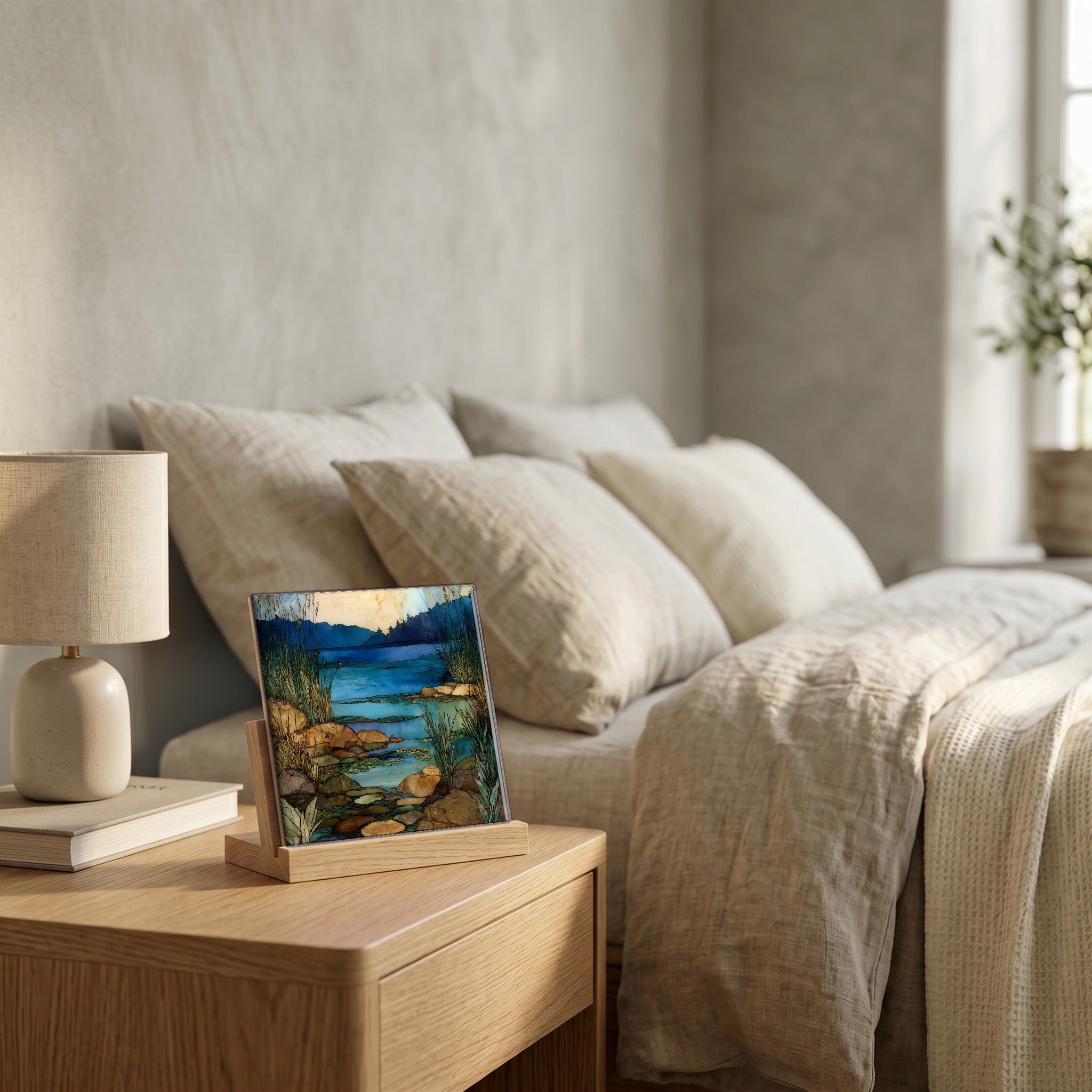 On the nightstand, catching the morning.