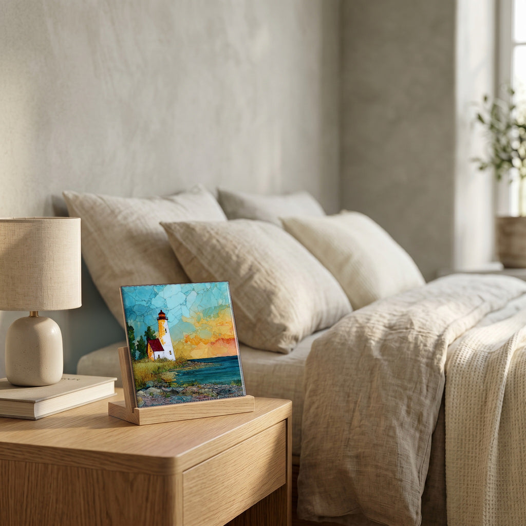 On the nightstand, catching the morning.