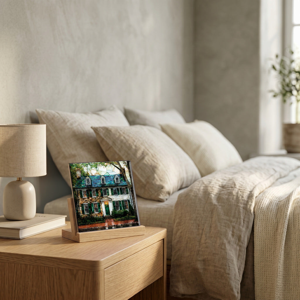On the nightstand, catching the morning.