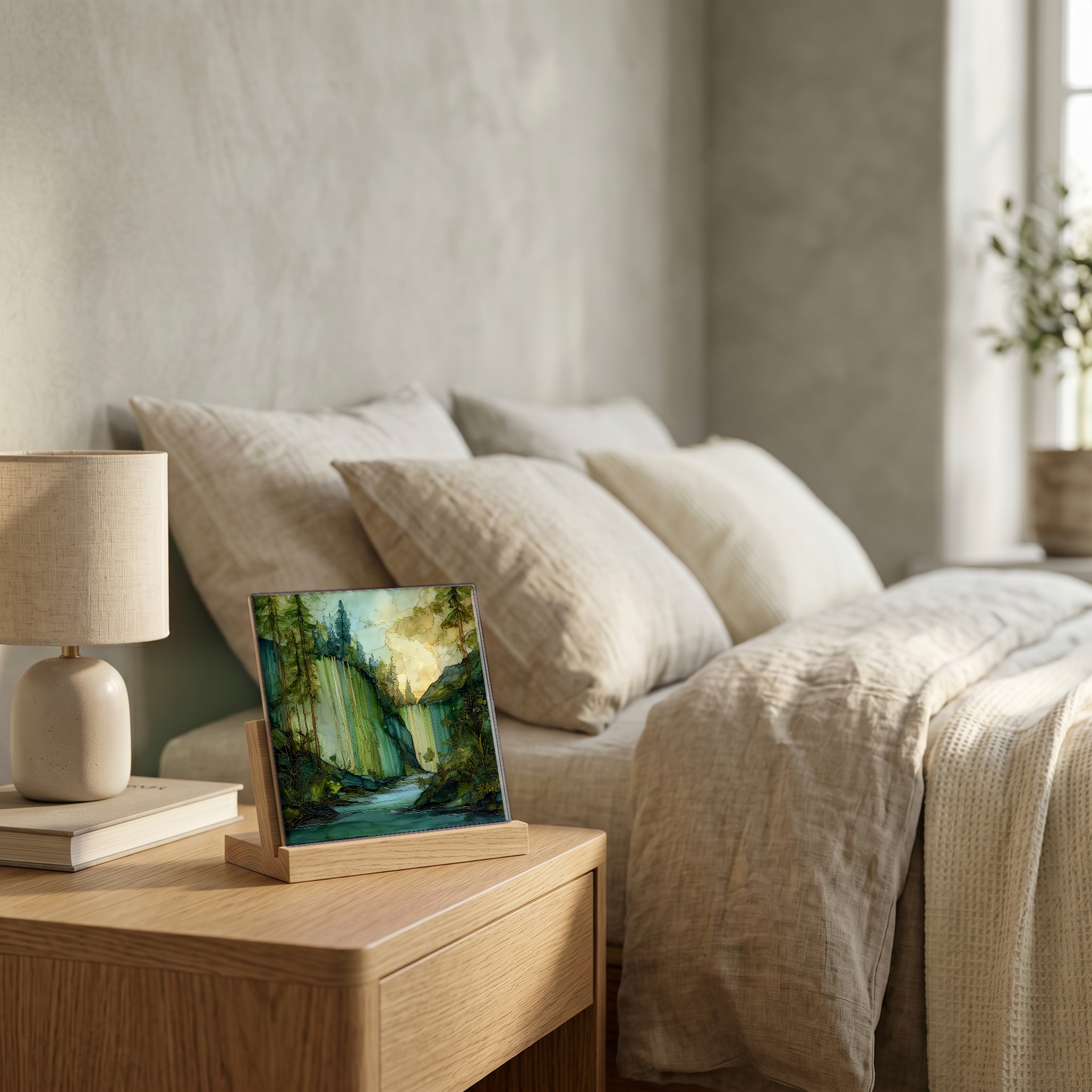 On the nightstand, on a light oak stand.