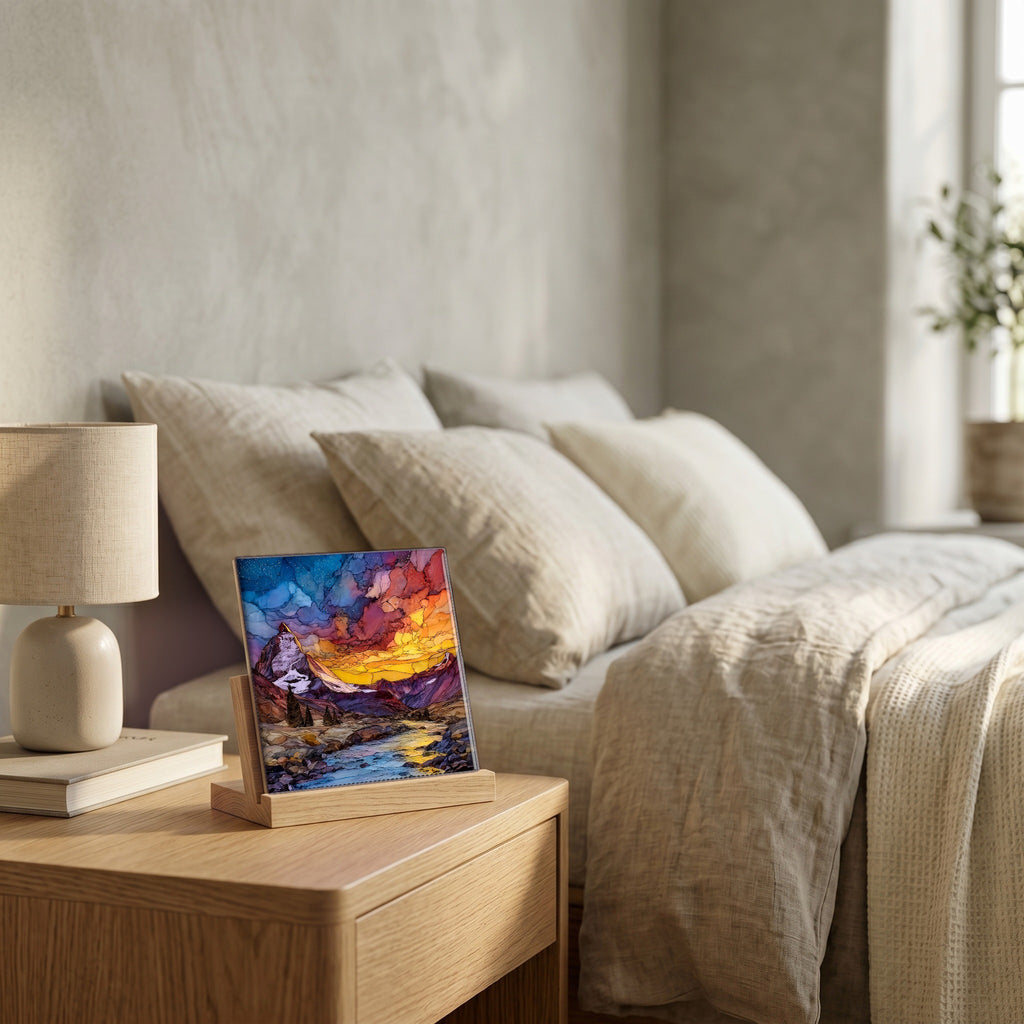 On the nightstand, on a light oak stand.
