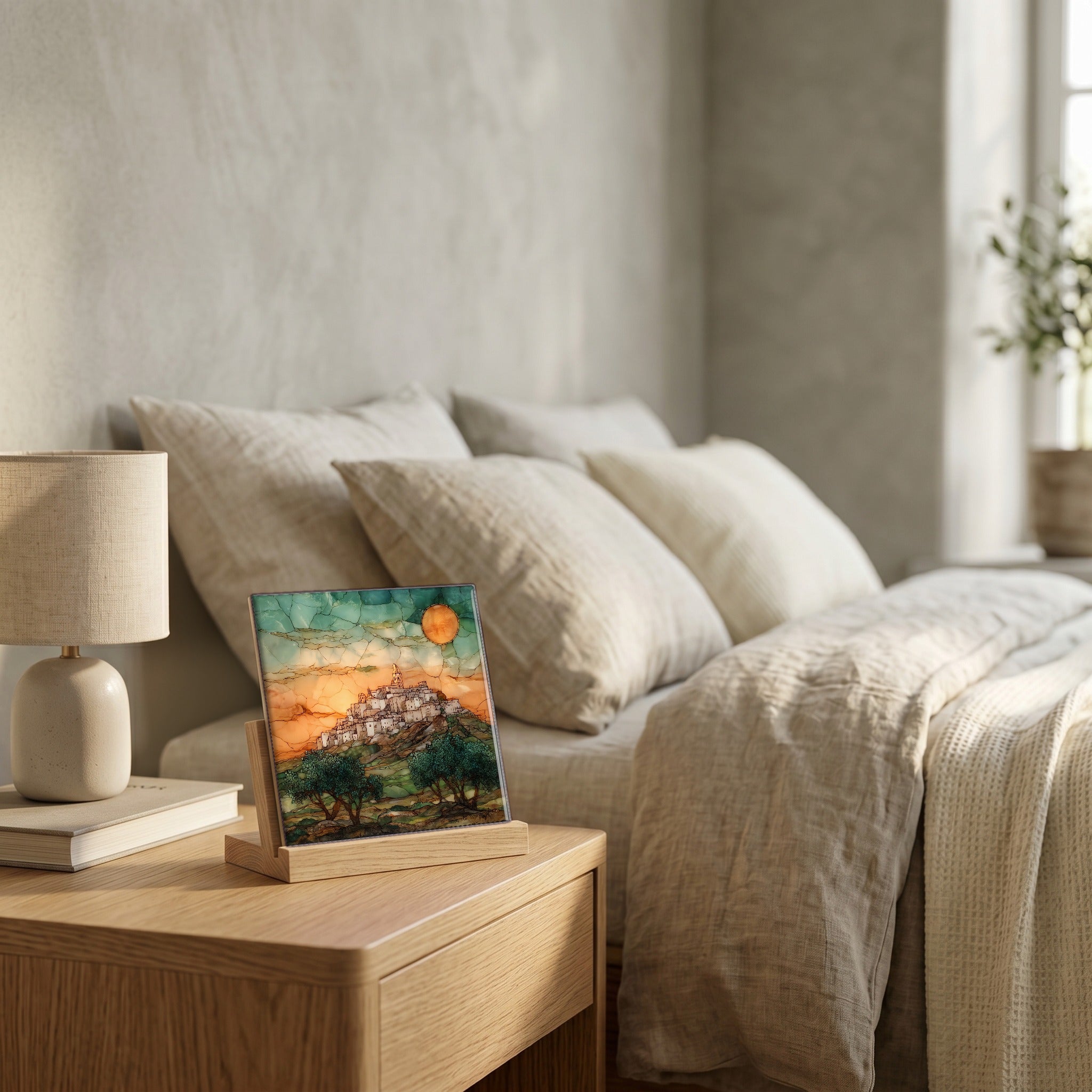 On the nightstand, on a light oak stand.