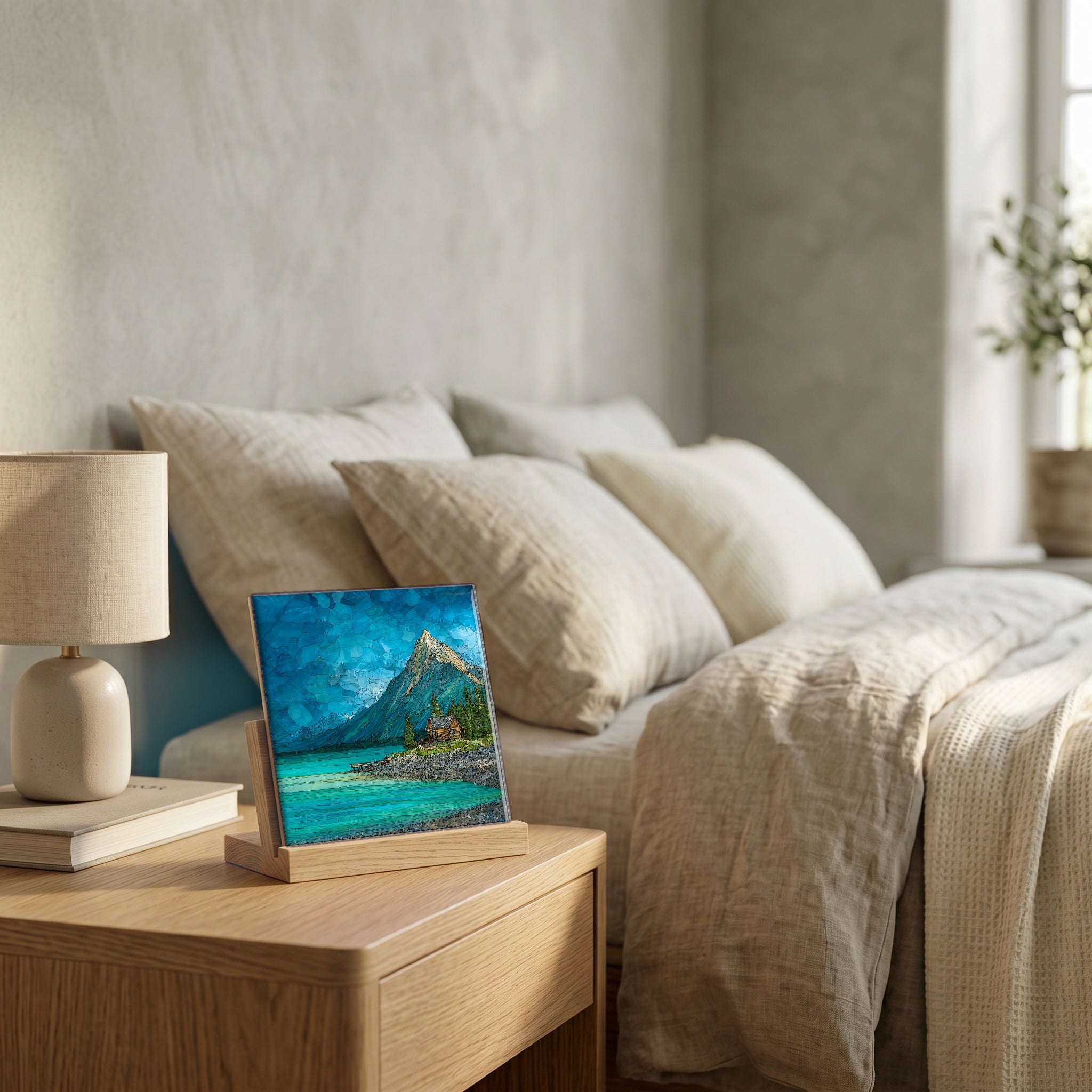 On the nightstand, catching the morning.