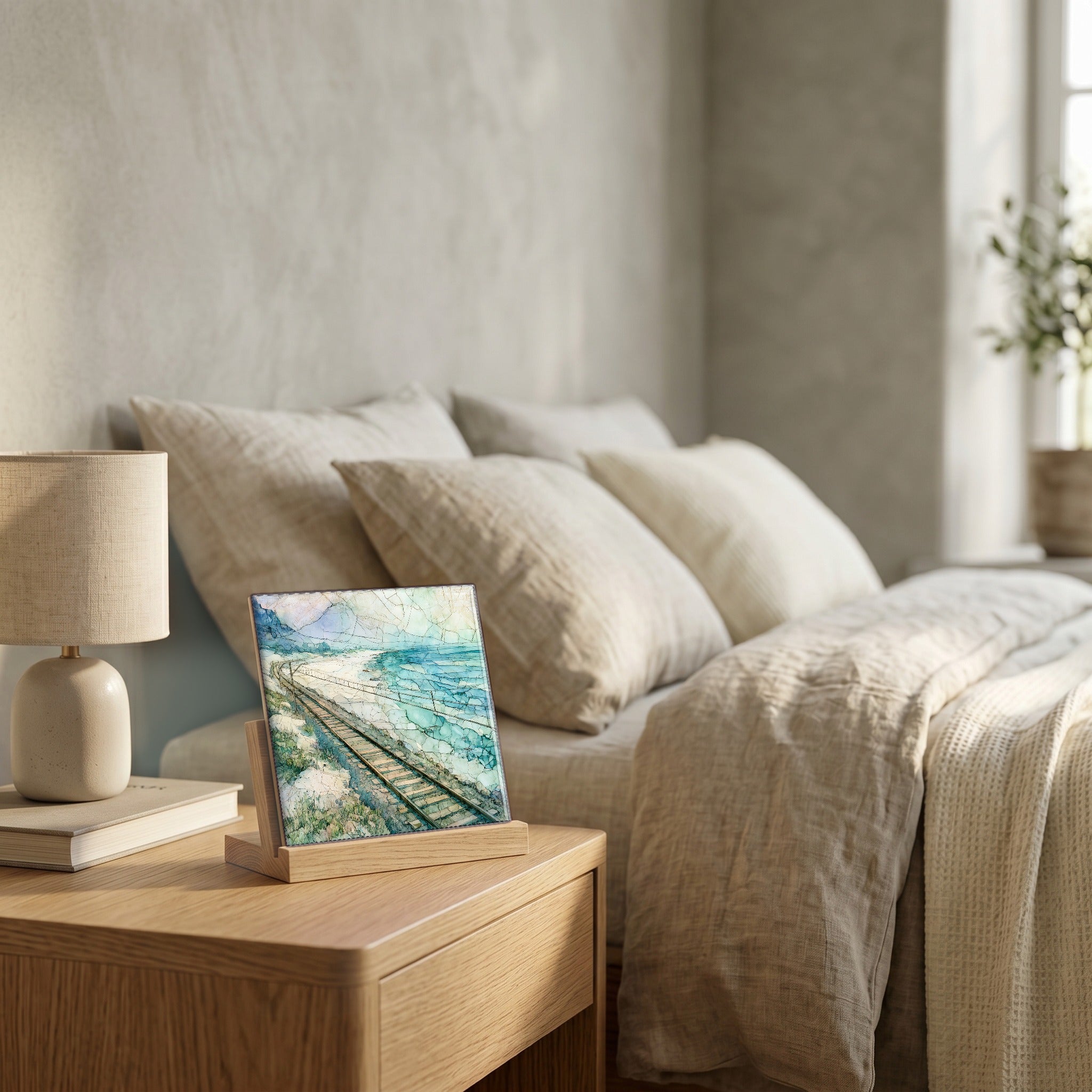 On the nightstand, catching the morning.