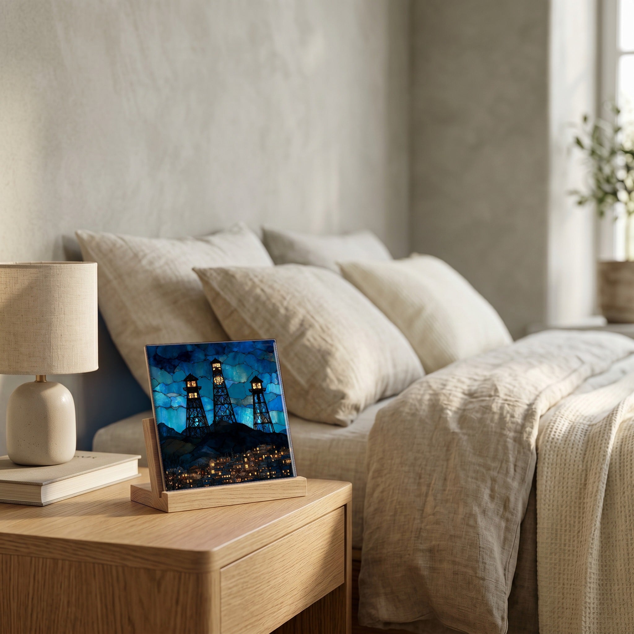 On the nightstand, catching the morning.