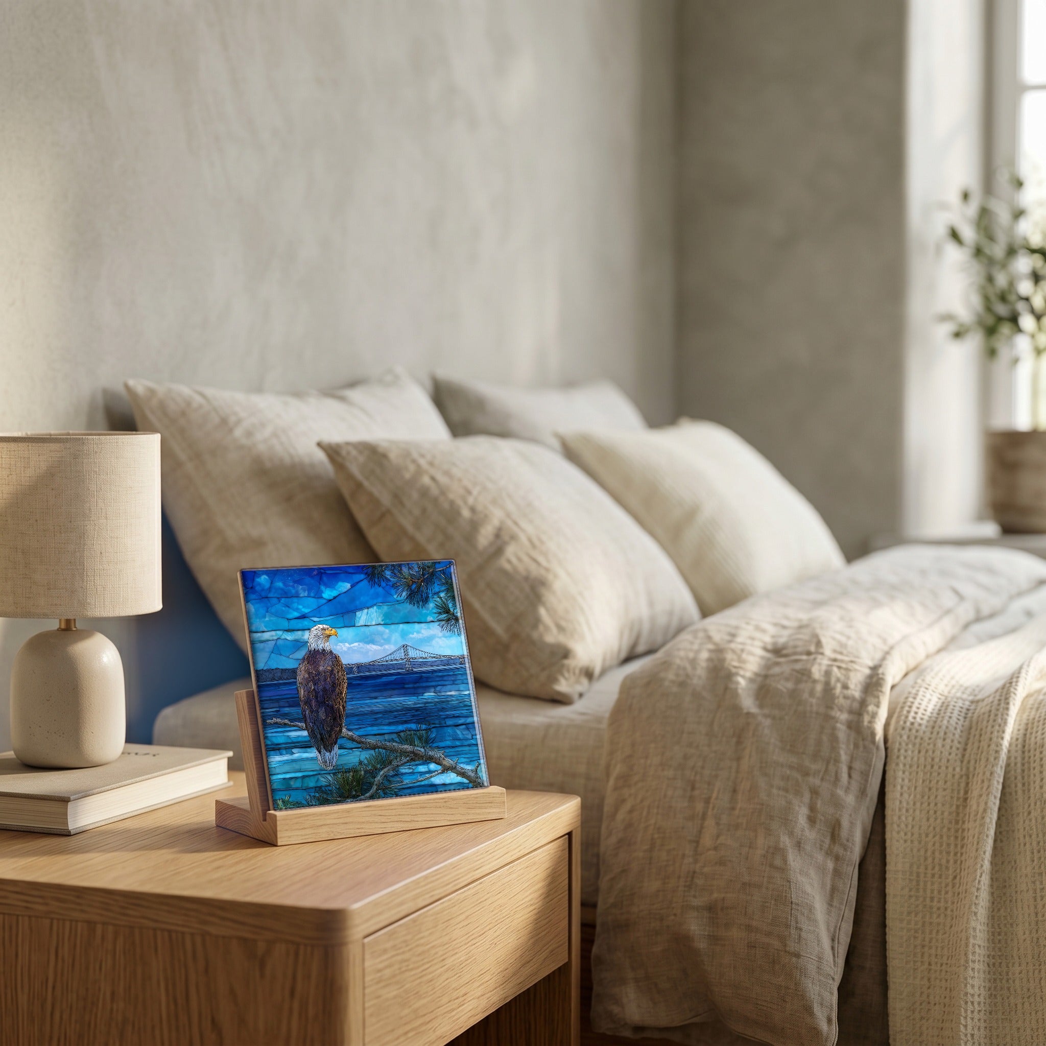 On the nightstand, catching the morning.