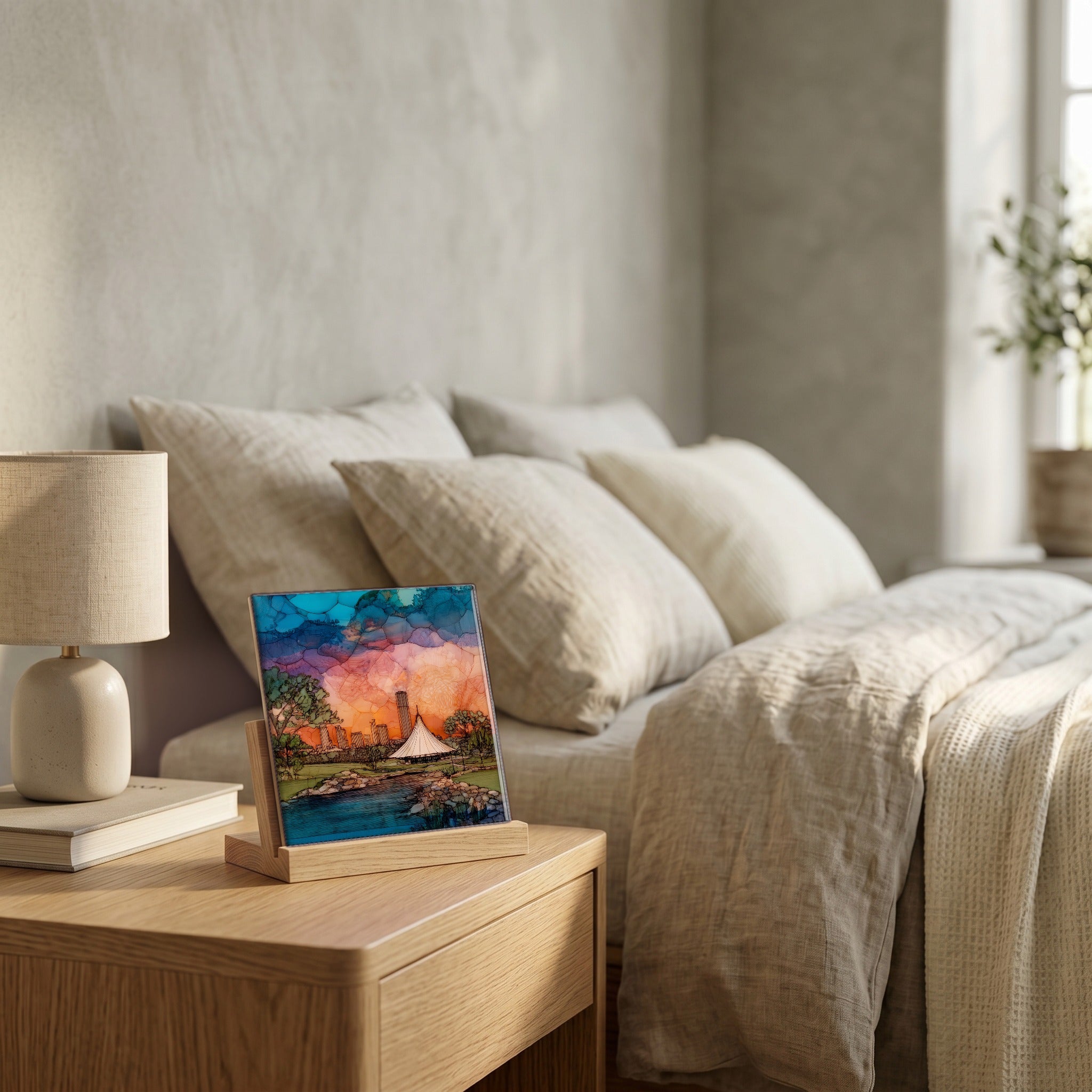 On the nightstand, catching the morning.