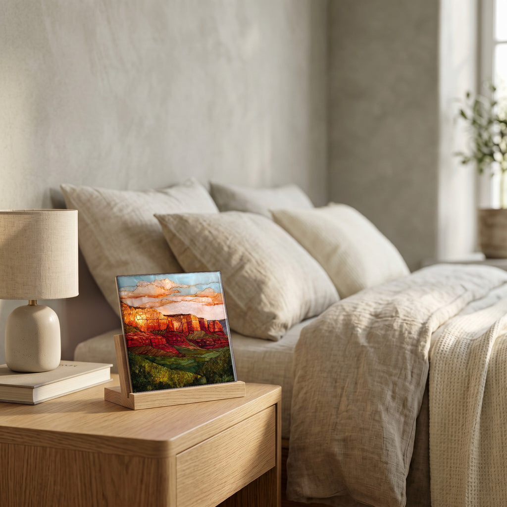 On the nightstand, catching the morning.