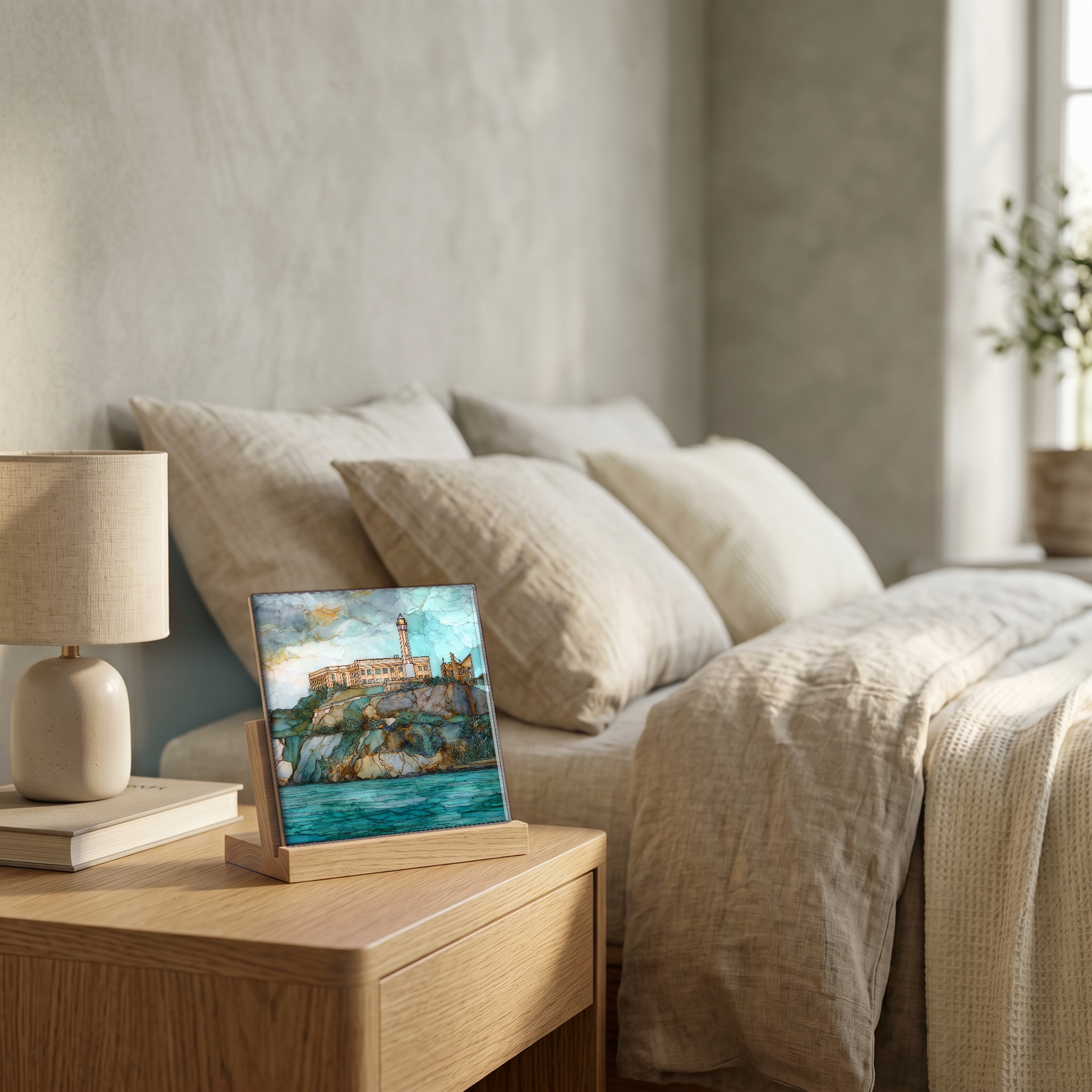 On the nightstand, on a light oak stand.