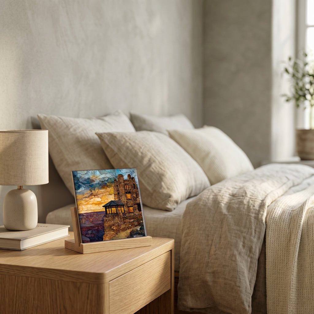 On the nightstand, catching the morning.