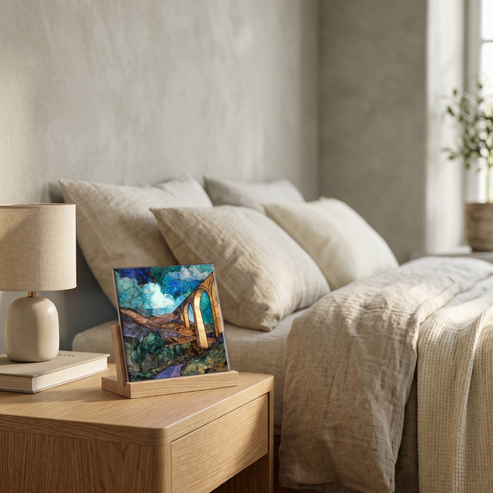 On the nightstand, catching the morning.
