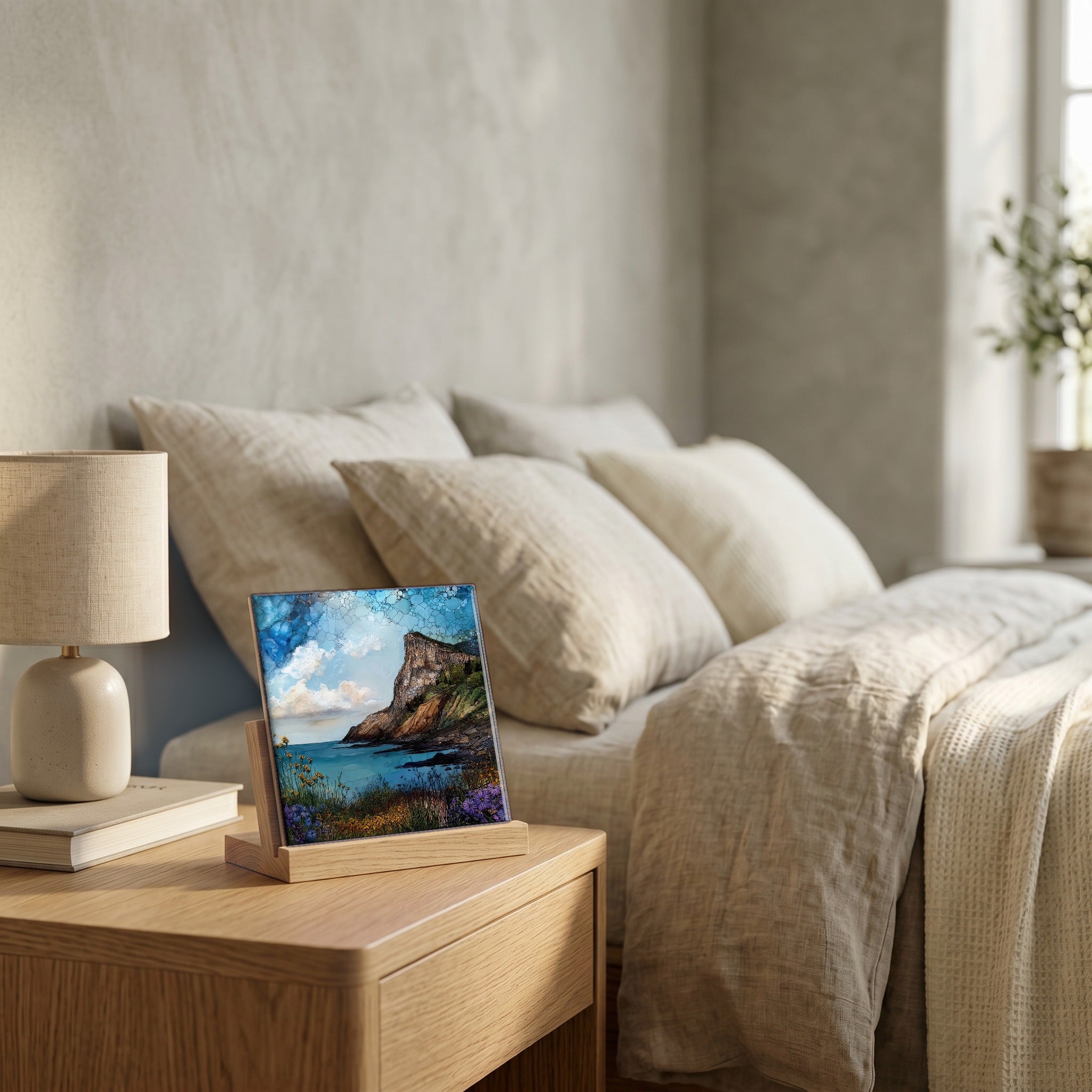 On the nightstand, on a light oak stand.