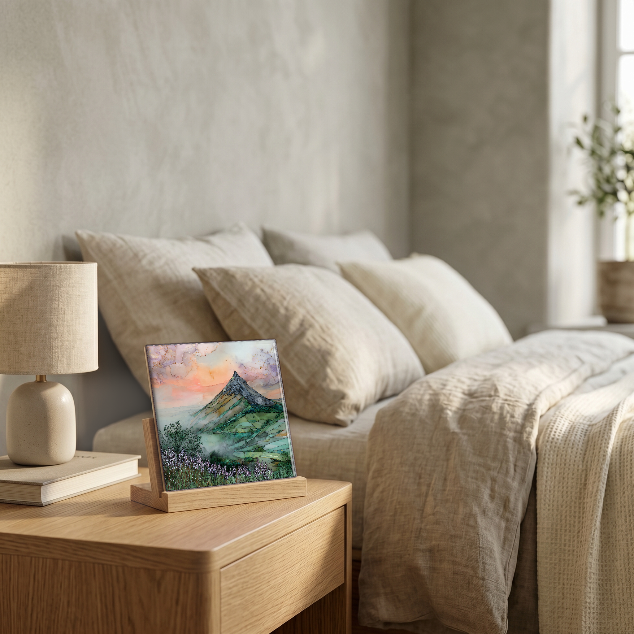 On the nightstand, on a light oak stand.