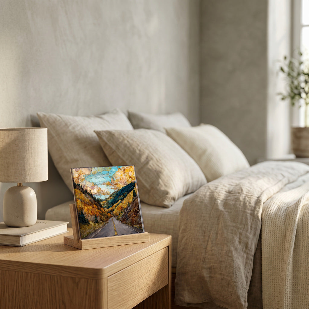 On the nightstand, on a light oak stand.