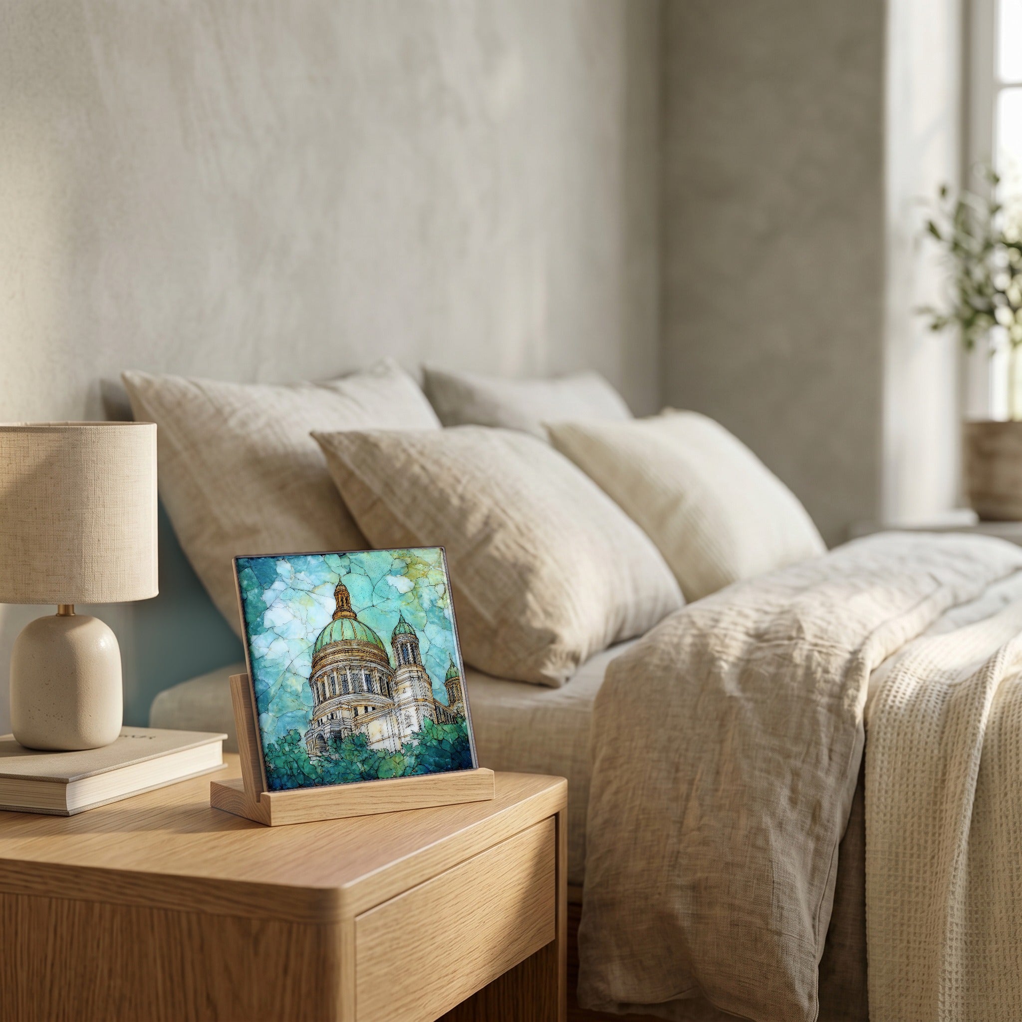 On the nightstand, catching the morning.